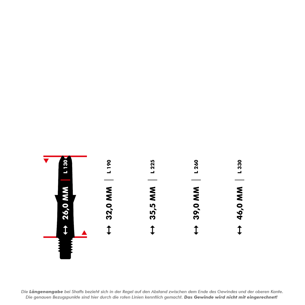 Das Bild zeigt verschiedene Längen von L-Style L-Shaft Carbon Schäften ohne Kappen, jeweils in Millimetern angegeben. Die rote Linie markiert den Messbereich von jedem Schaft, wobei das Gewinde nicht mit eingerechnet wird.