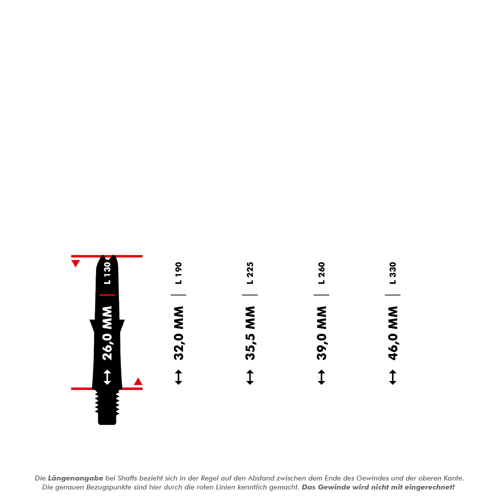 Ejes de carbono estilo L Das Bild zeigt verschiedene Längen von L-Style L-Shaft Carbon Schäften ohne Kappen, jeweils in Millimetern angegeben. Die rote Linie markiert den Messbereich von jedem Schaft, wobei das Gewinde nicht mit eingerechnet wird.