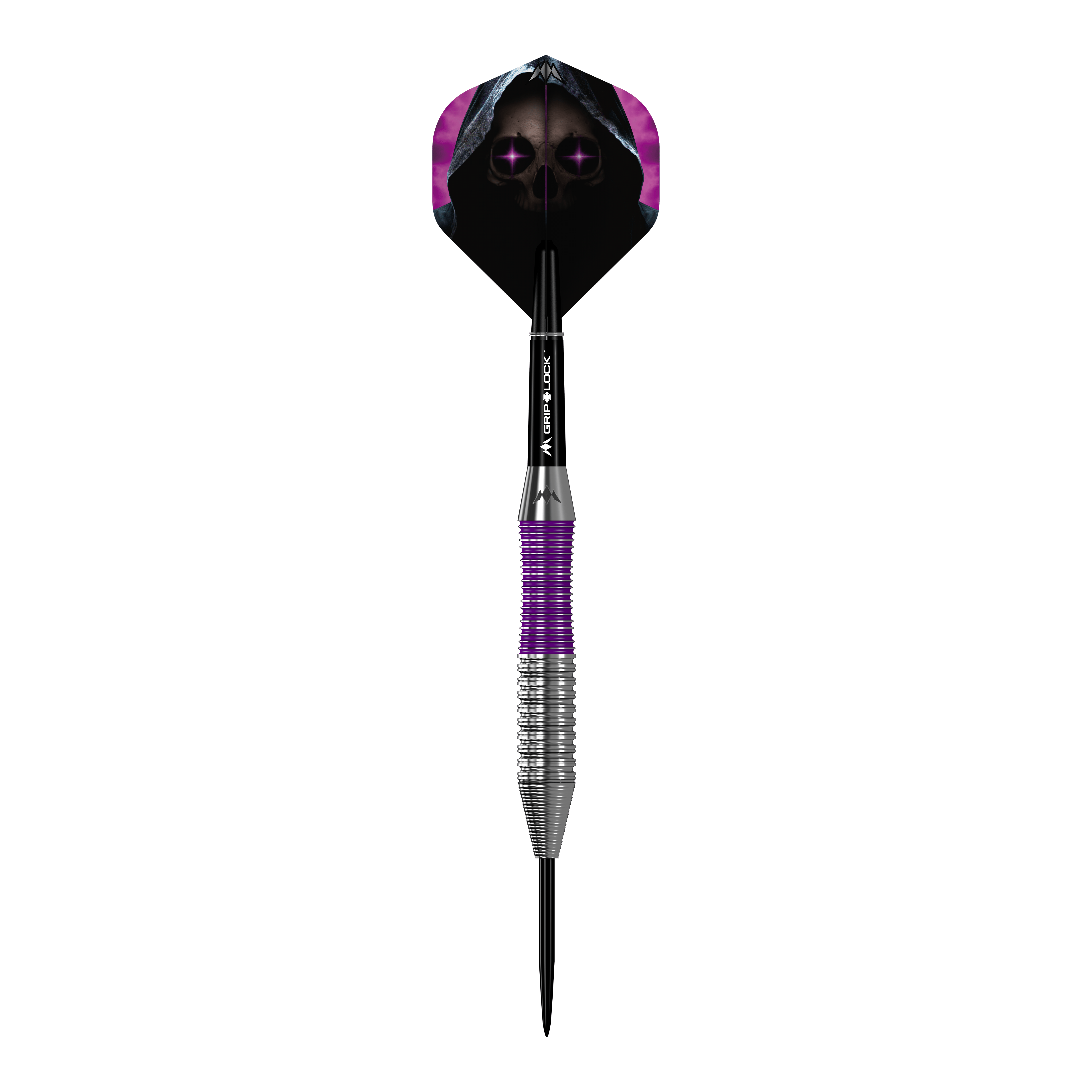 Dardos Mission Phantom de latón y acero - 22 g Das Bild zeigt den Mission Phantom Brass Steeldart mit einem Gewicht von 22 Gramm. Der Dart hat ein auffälliges Design mit violetten und silbernen Elementen sowie einer Flight-Grafik eines Totenkopfs mit Kapuze.
