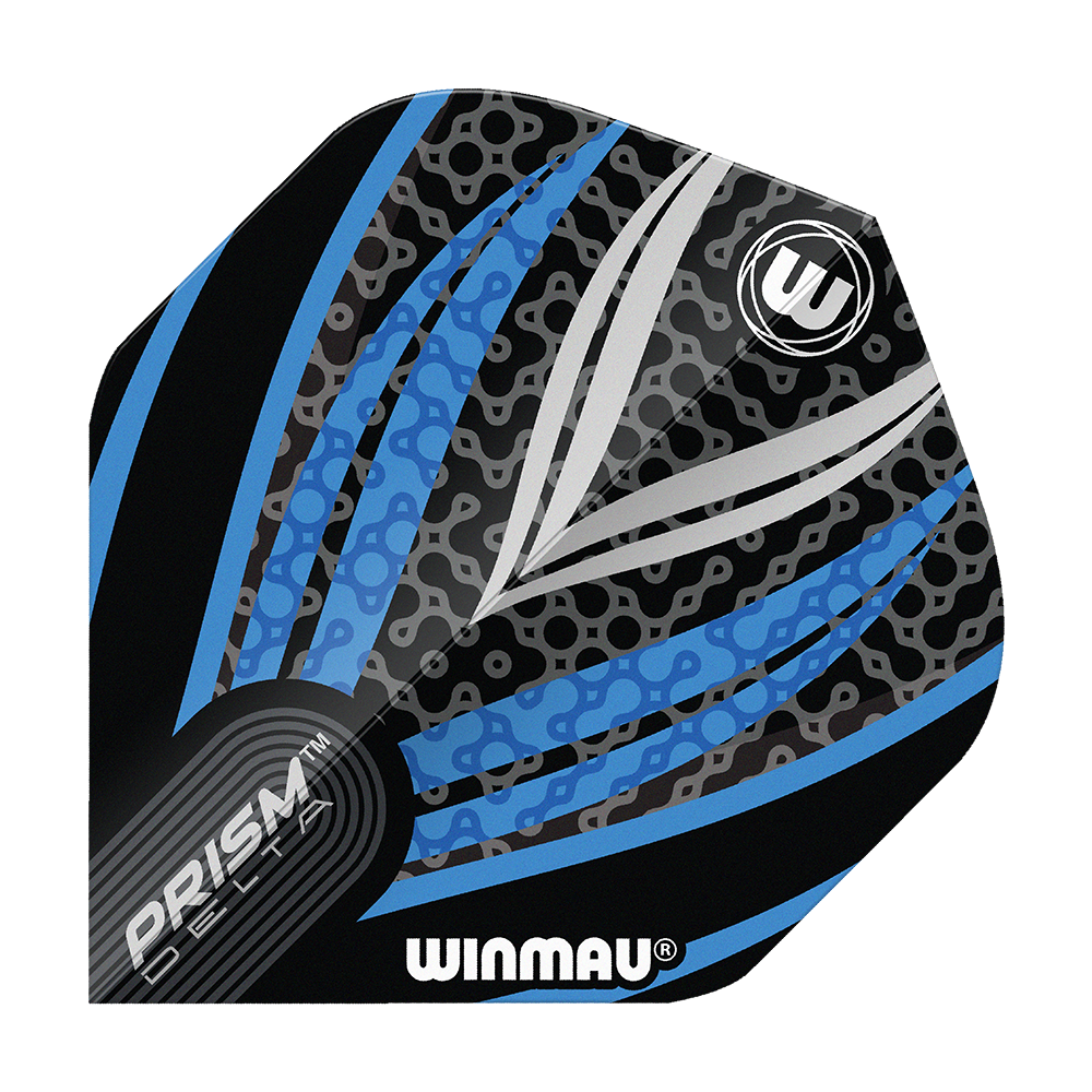 Plumas estándar Winmau Prism Delta Black White Blue No. 2 Das Bild zeigt ein Winmau Prism Delta Flight in den Farben Schwarz, Weiß und Blau. Das Design ist modern mit auffälligen Linien und Mustern.