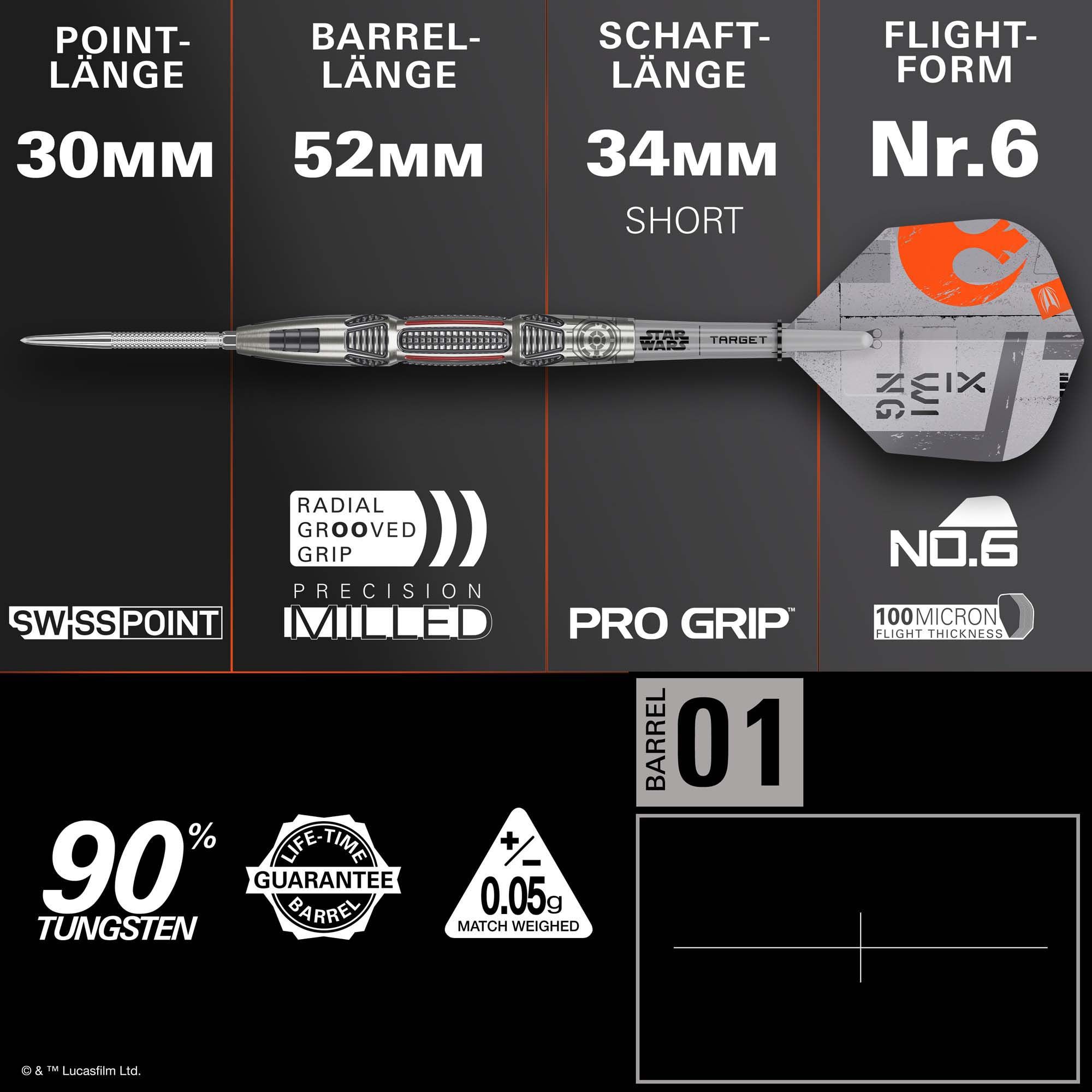Dardos de acero Target Star Wars X-Wing Swiss Point Auf diesem Foto sieht man die Target Star Wars X-Wing Swiss Point Steeldarts. Die Steeldarts sind im Stil des X-Wing aus Star Wars gestaltet.