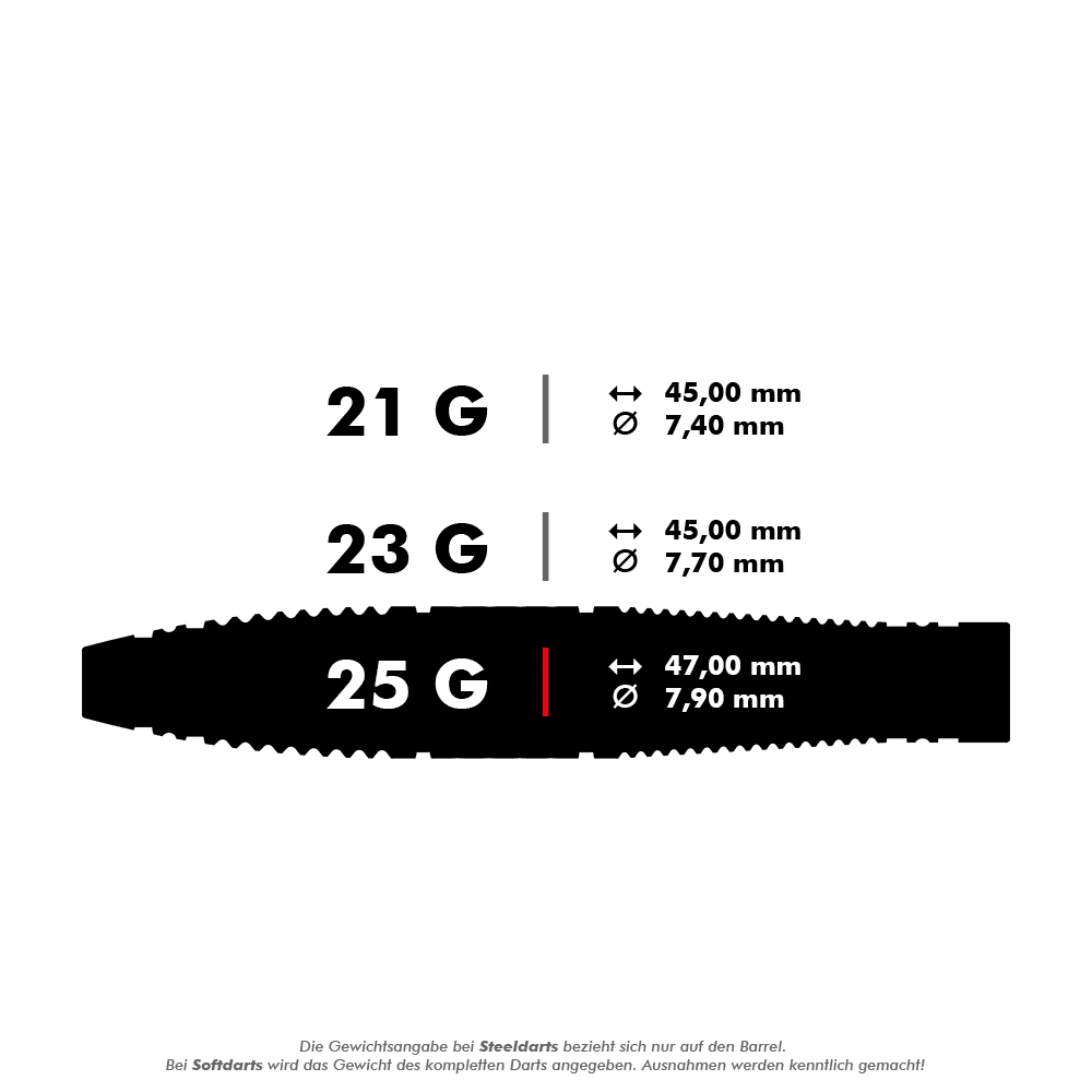 Dardos de acero Target Scope 03 Swiss Point Das Bild zeigt drei verschiedene Steeldarts mit den Gewichten 21 g, 23 g und 25 g. Die Maße Länge und Durchmesser sind für jedes Gewicht angegeben.