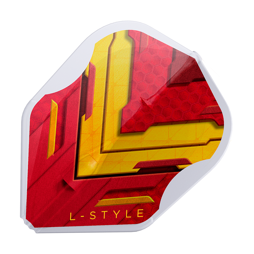 Vuelos L-Style V-Series V1 Tipo A España Blanco transparente L3EZ Dies ist ein L-Style V-Series V1 Type A Spain Clear White L3EZ Flight. Das Design ist rot und gelb mit einem weißen Rand und der Aufschrift "L-STYLE".