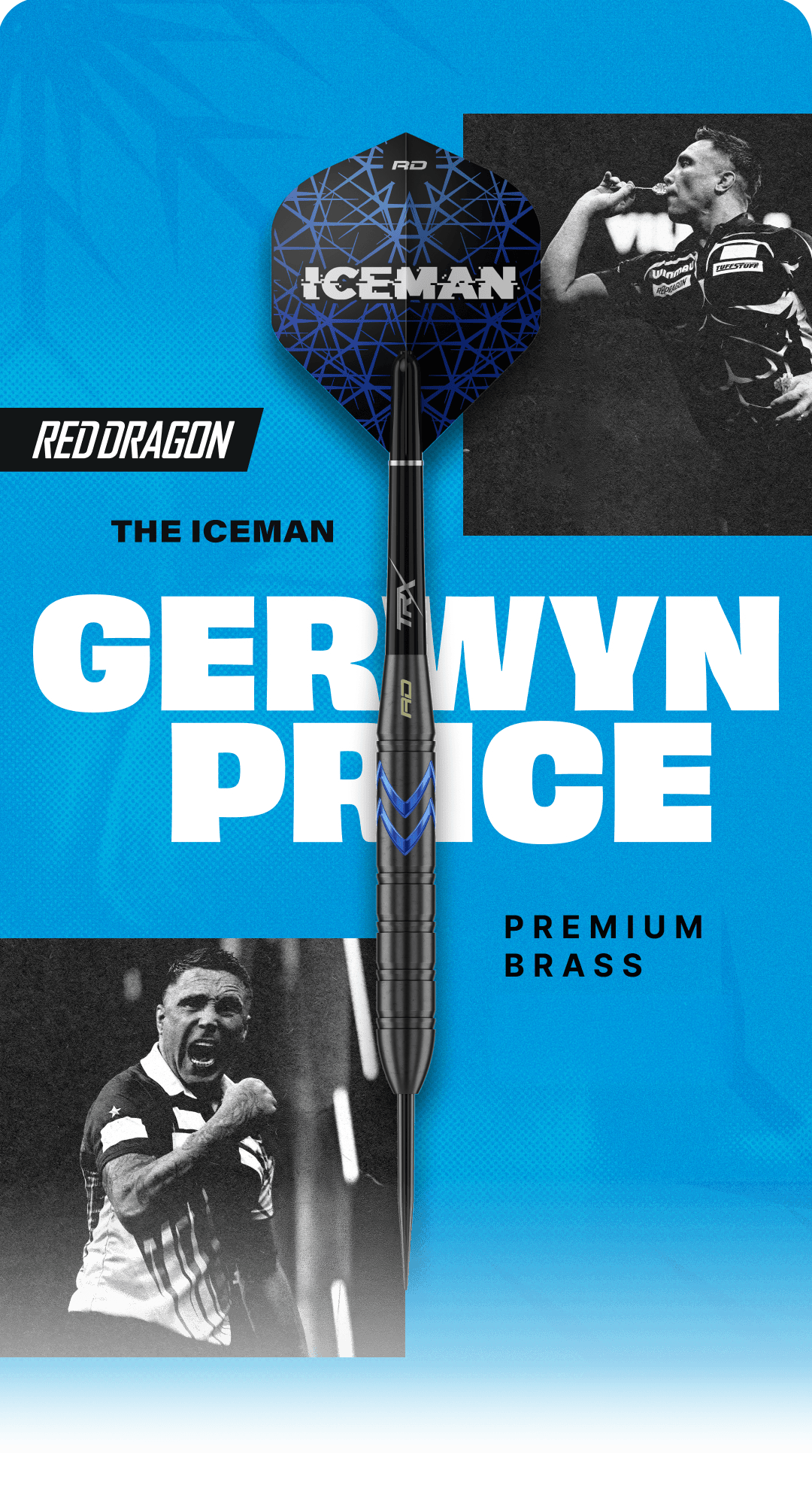 Werbebanner mit dem Text 'Red Dragon Price Core Brass'. Das Banner zeigt ein Dartprodukt in Werbegrafik.