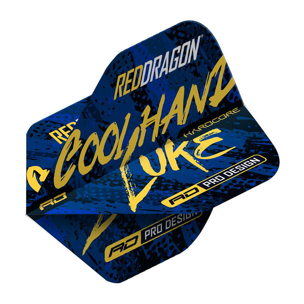 TF6864_Red_Dragon_Hardcore_Luke_Humphries_Signature_Blue_Standard_Flights_2 Auf dem Bild sind die Red Dragon Hardcore Luke Humphries Signature Blue Standard Flights zu sehen. Die Flights sind überwiegend blau mit gelber und weißer Schrift gestaltet.