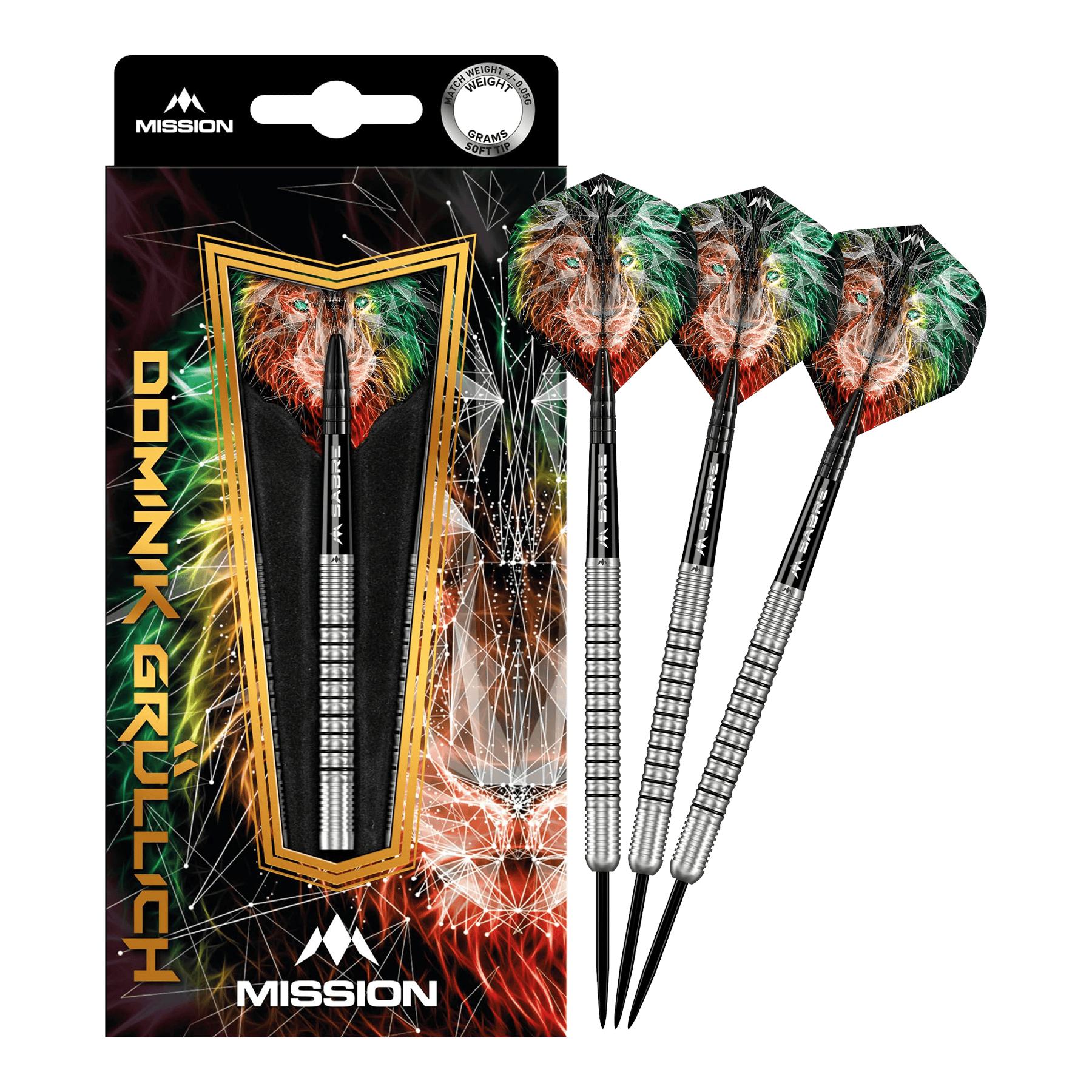 Misión Dominik Grüllich Steeldarts Das Bild zeigt das Produkt „Mission Dominik Grüllich Steeldarts - 23,5g“ mit einer farbenfrohen Verpackung und drei silbernen Darts. Die Flights der Darts sind mit einem bunten Löwenmotiv verziert.