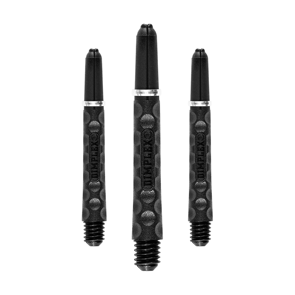 Harrows Dimplex Shafts - Schwarz Das Bild zeigt drei schwarze Dartschäfte mit einer genoppten Oberfläche. Sie sind in unterschiedlichen Längen angeordnet und haben einen Metallring am oberen Ende.
