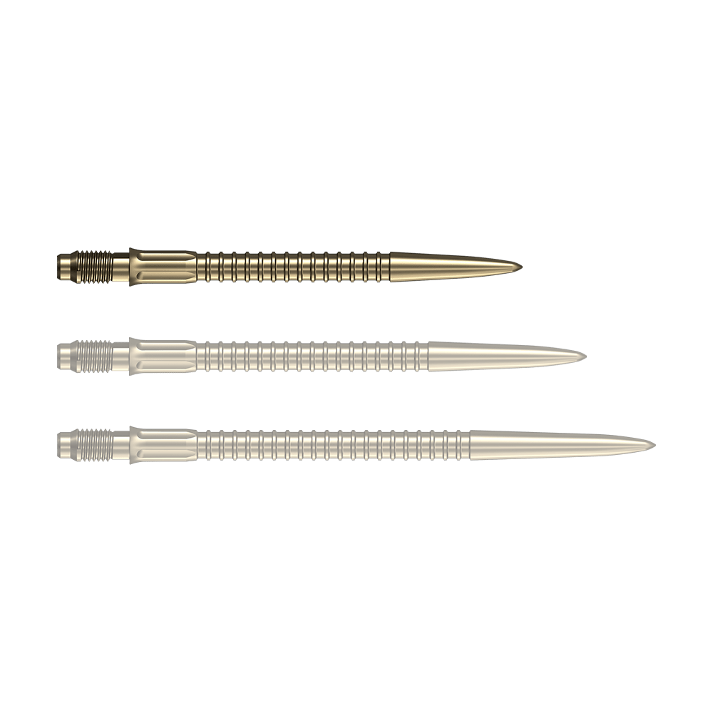 Goldene Dartspitzen liegen nebeneinander auf einer weißen Fläche. Diese Spitzen eignen sich für das Dartspiel.