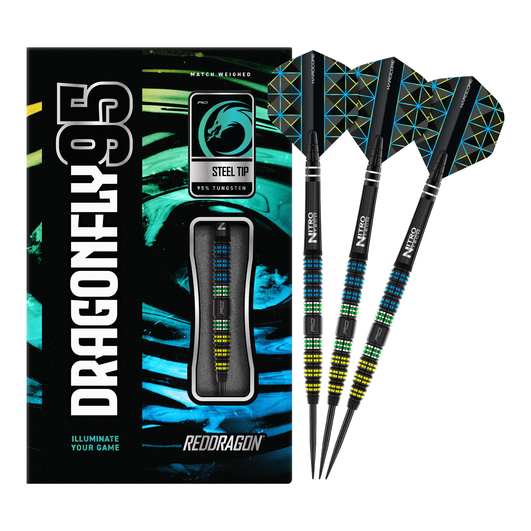 Dardos Red Dragon Dragonfly 95 de acero cónico negro Die Abbildung zeigt das Produkt "Red Dragon Dragonfly 95 Black Tapered Steeldarts" mit moderner, bunter Verpackung. Drei schwarze Steeldarts mit farbigen Akzenten und speziellen Flights sind daneben zu sehen.