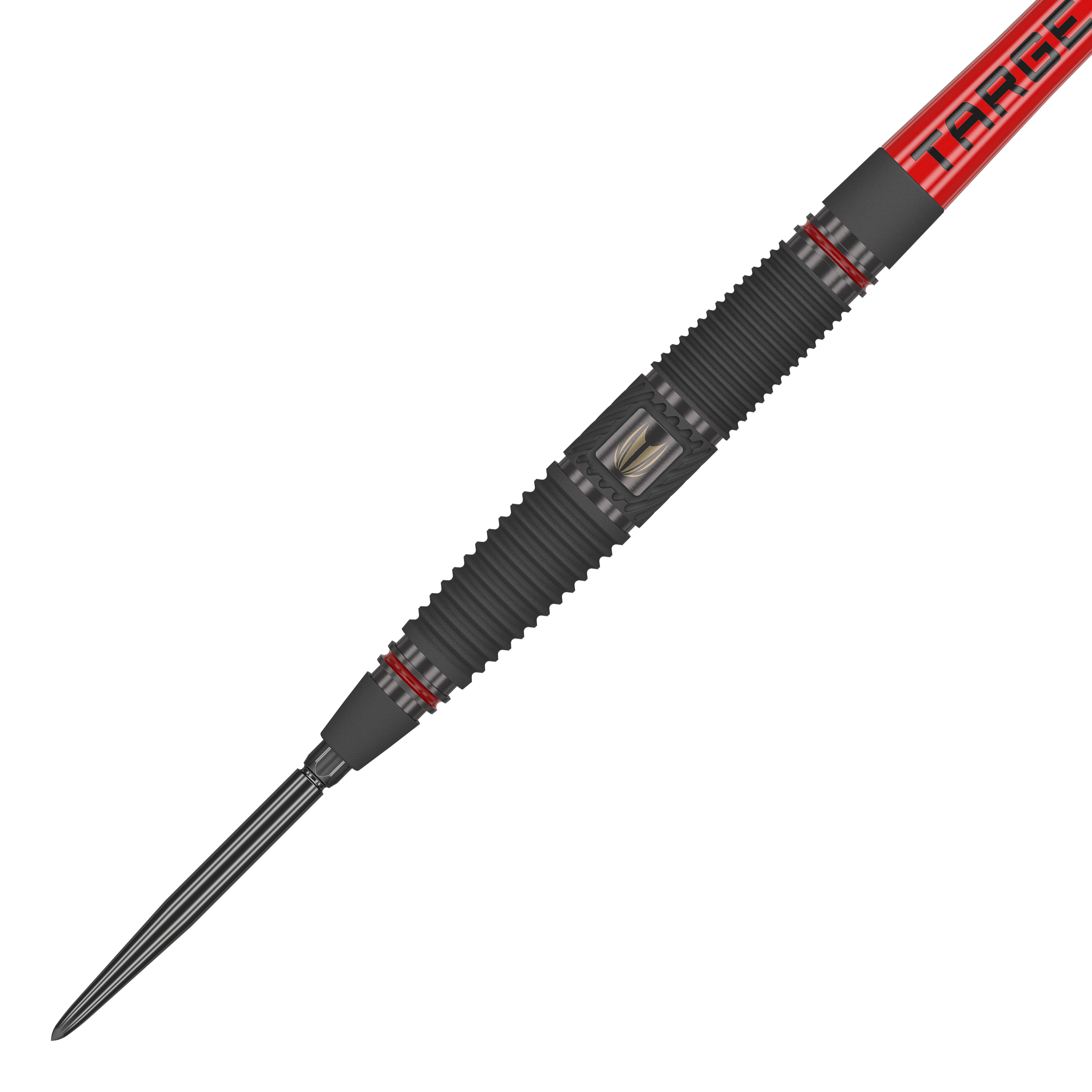Dardos de acero Target Scope 04 Swiss Point Das Bild zeigt einen Target Scope 04 Swiss Point Steeldart. Der Dart hat ein schwarzes, geriffeltes Griffstück mit roten Akzenten und einer silbernen Spitze.