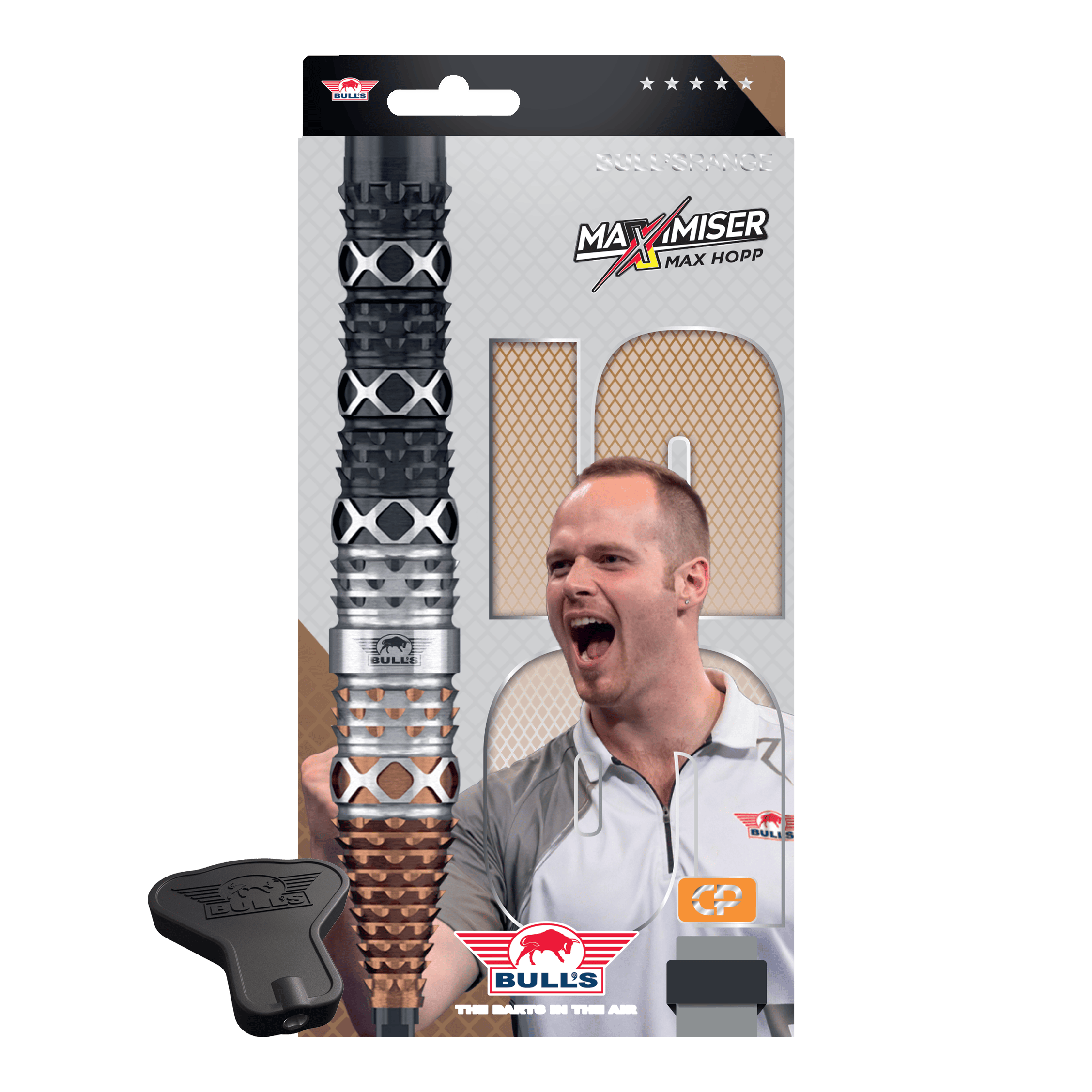 Bulls NL Max Hopp 95% Puntos Convertibles Steeldarts Abbildung der Bulls NL Max Hopp 95% Convertible Points Steeldarts. Die Darts sind detailreich gezeigt und richten sich an Dart-Enthusiasten.