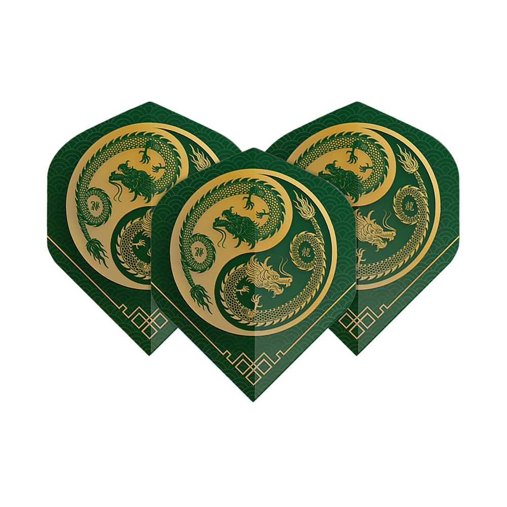 Vuelos de pentatlón Dragón verde Das Bild zeigt drei Pentathlon Dragon 3 Standard Flights in Grün und Gold. Auf jedem Flight ist ein kunstvoller Drache im Kreisdesign abgebildet.