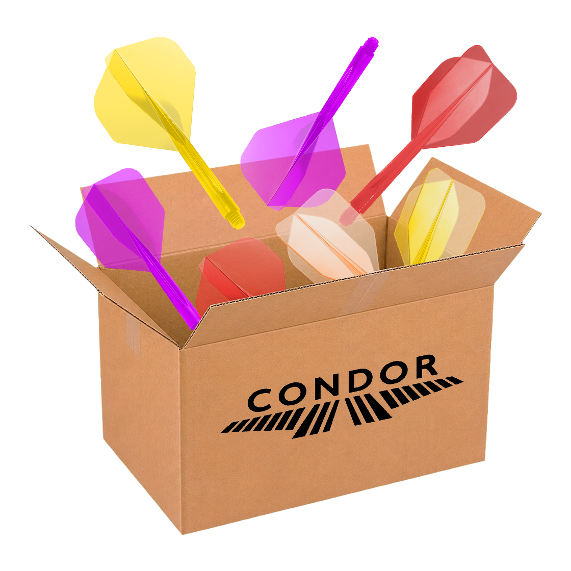 Auf diesem Bild wird die McDart Mystery-Box - Condor präsentiert. Die Box ist für Dartspieler gedacht und enthält spezielle Artikel der Marke Condor.