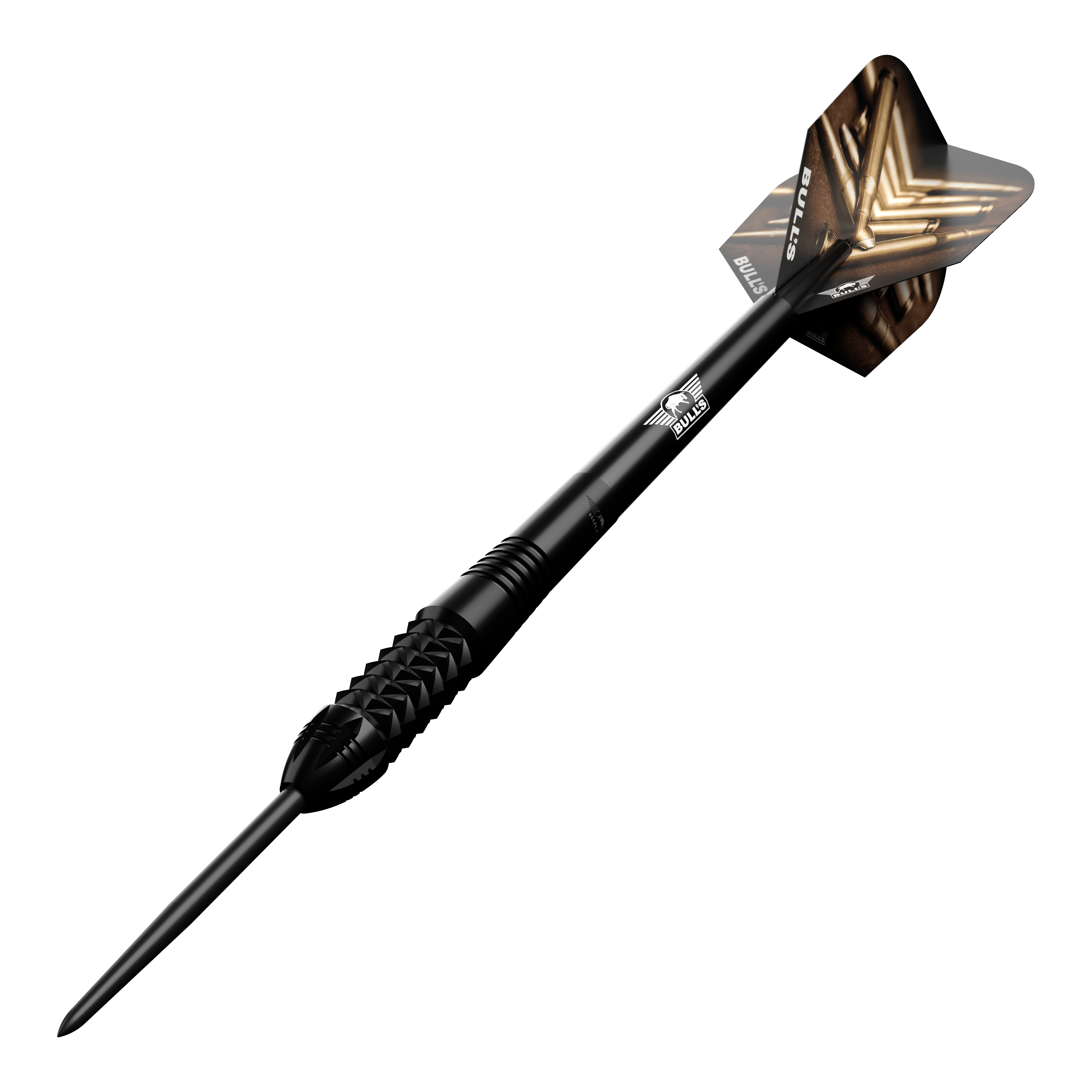 Dardos de acero Bulls NL Caliber Black Dieses Bild zeigt den Bulls NL Caliber Black Steeldart. Der Dartpfeil ist schwarz und hat ein auffälliges Design auf den Flights.