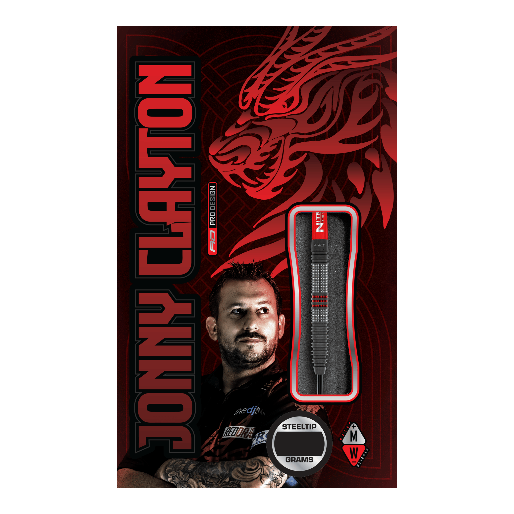 Dardos de acero Red Dragon Jonny Clayton Hiraeth Die Abbildung zeigt die Verpackung der "Red Dragon Jonny Clayton Hiraeth Steeldarts". Auf der Verpackung sind ein Porträt von Jonny Clayton sowie ein stilisierter roter Drache abgebildet.