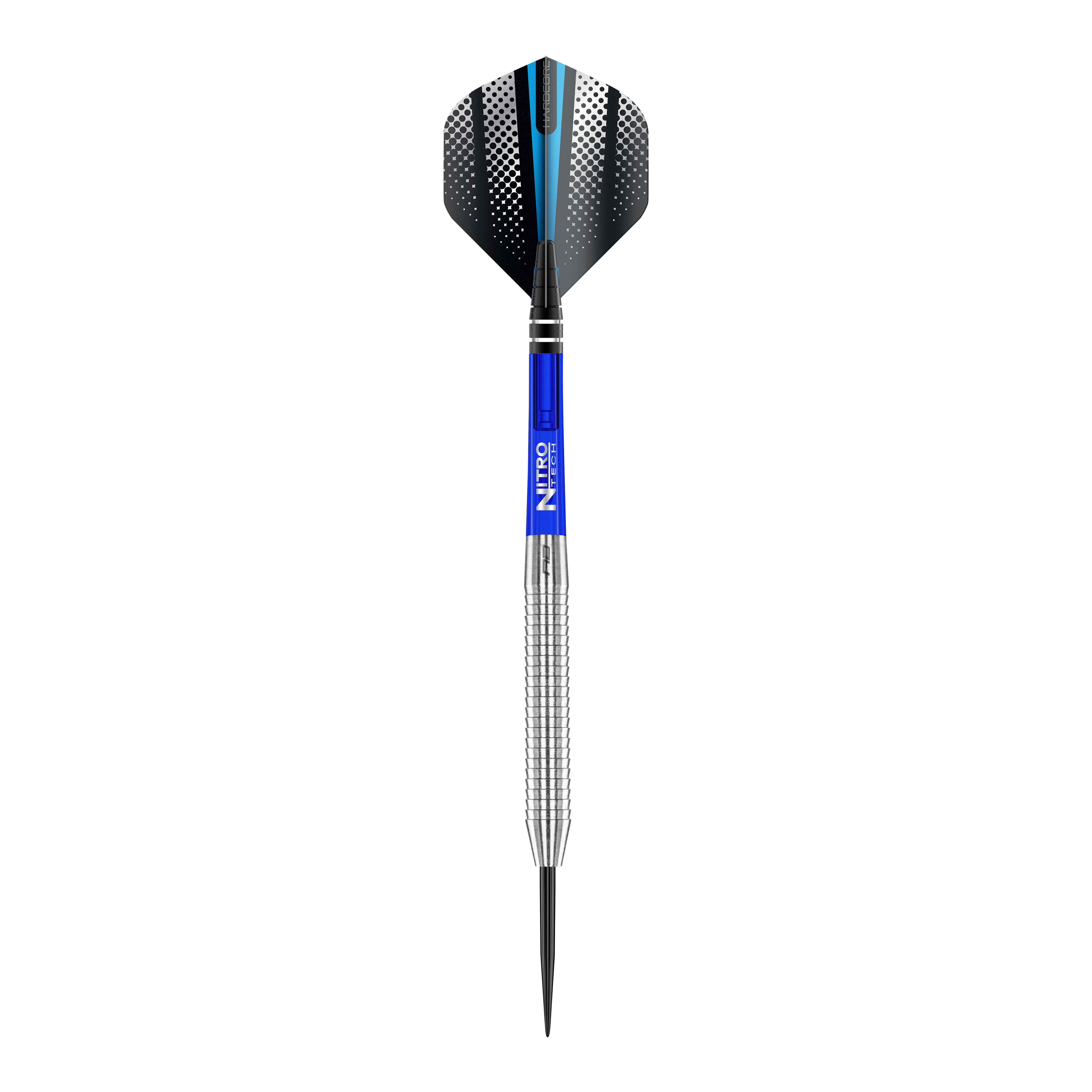 Dardos de acero originales Red Dragon Razor Edge Das Bild zeigt einen Red Dragon Razor Edge Original Steeldart mit einem Gewicht von 24g. Der Dart hat einen silbernen, geriffelten Schaft, einen blauen Mittelteil und schwarze Flights mit weißen Punkten und einem blauen Streifen.