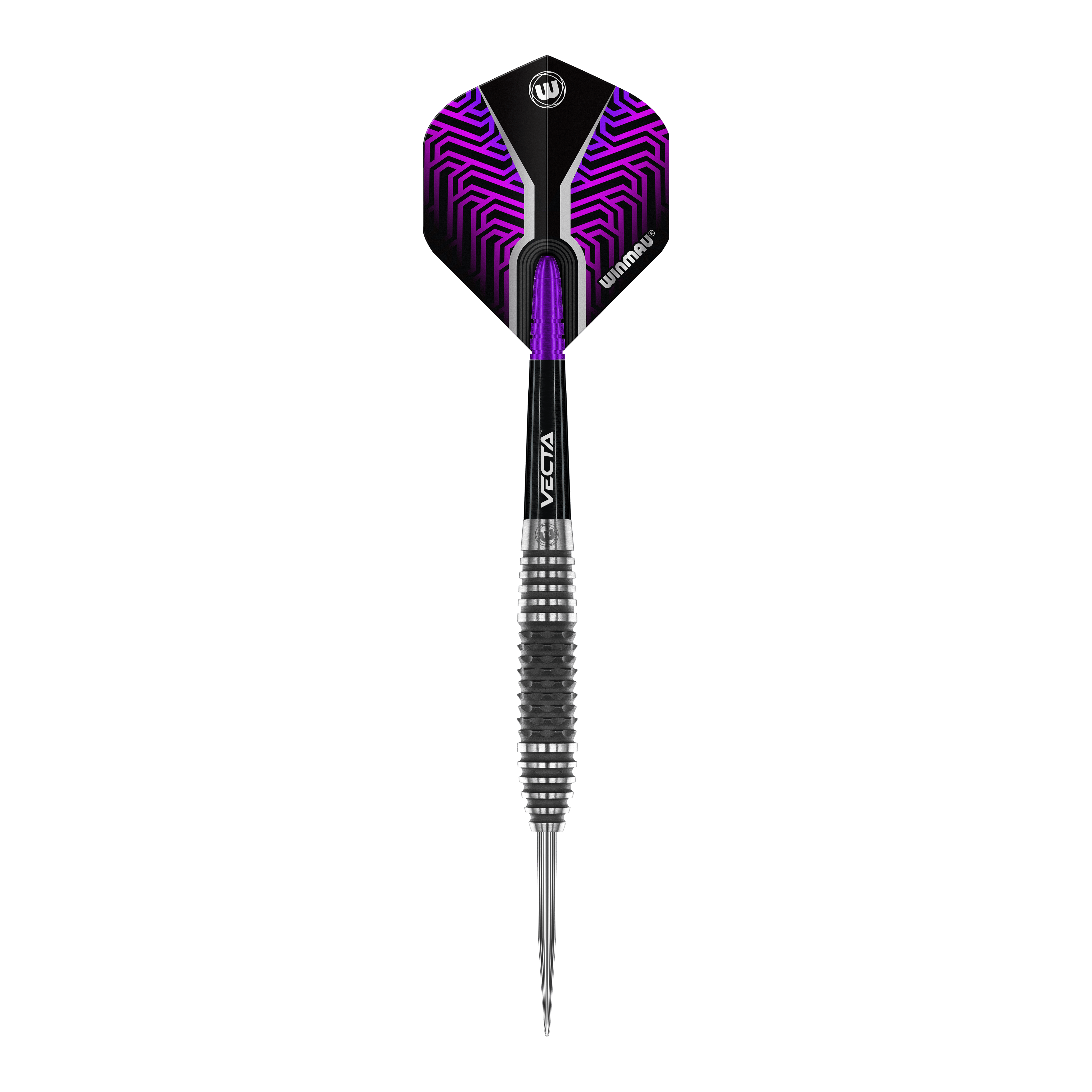 Dardos de acero Winmau Kairos 01 Auf dem Bild ist ein Winmau Kairos 01 Steeldart zu sehen. Der Dartpfeil hat ein modernes Design mit schwarzem und lila Muster am Flight.