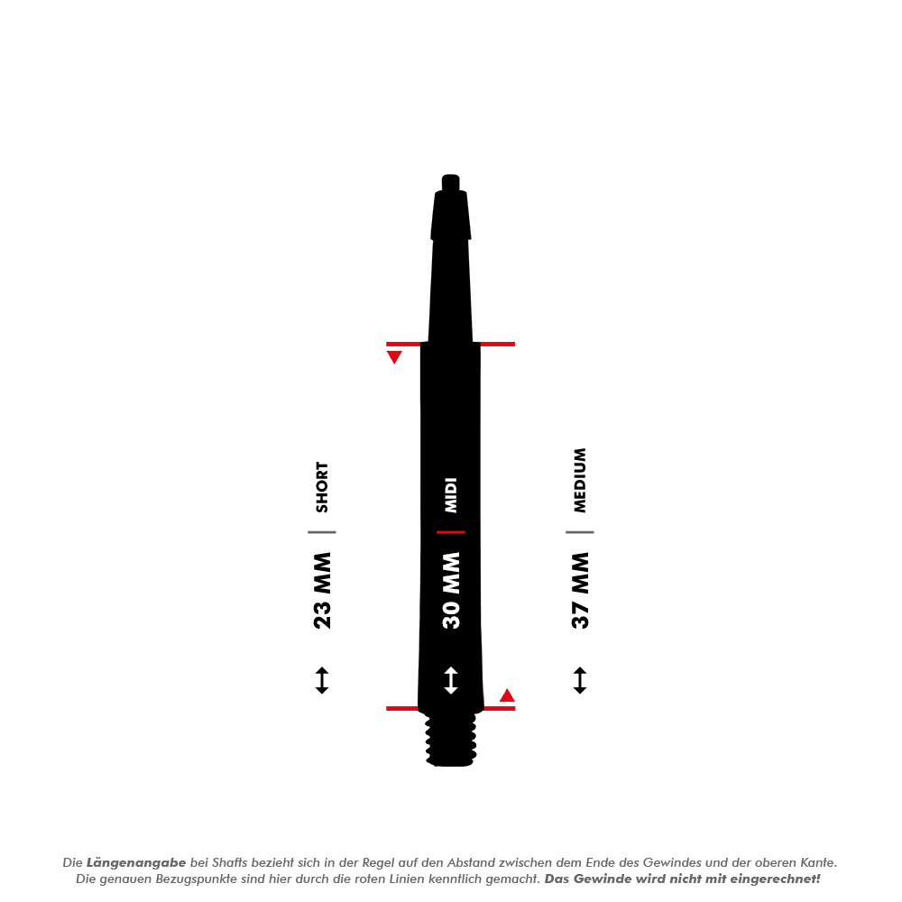 HRC12619_Harrows_Clic_Standard_Shafts_5_30mm1XzLfpnBFBHMK Das Bild zeigt die Längenangaben der Harrows Clic Standard Shafts in Weiß. Es werden drei Größen dargestellt: Short (23 mm), Midi (30 mm) und Medium (37 mm).