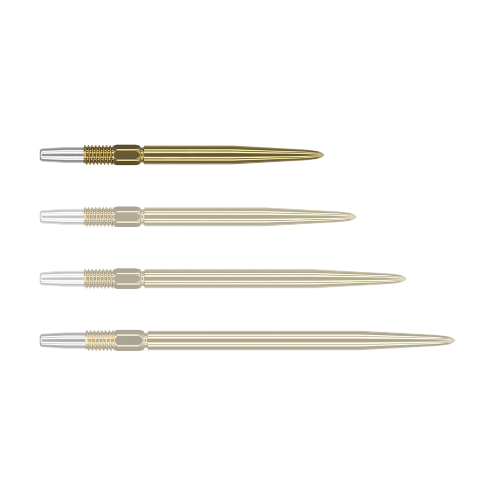 Puntas de dardos Target Swiss Point Gold Das Bild zeigt vier goldene Dartspitzen, die nebeneinander ausgerichtet sind. Die Spitzen haben ein silbernes Gewinde am Ende.