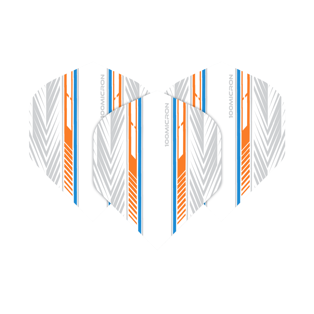Vuelos de pentatlón blanco/naranja/azul Das Bild zeigt die Pentathlon White Orange Blue No2 Standard Flights. Sie sind weiß mit auffälligen orangefarbenen, blauen und grauen Linienmustern gestaltet.