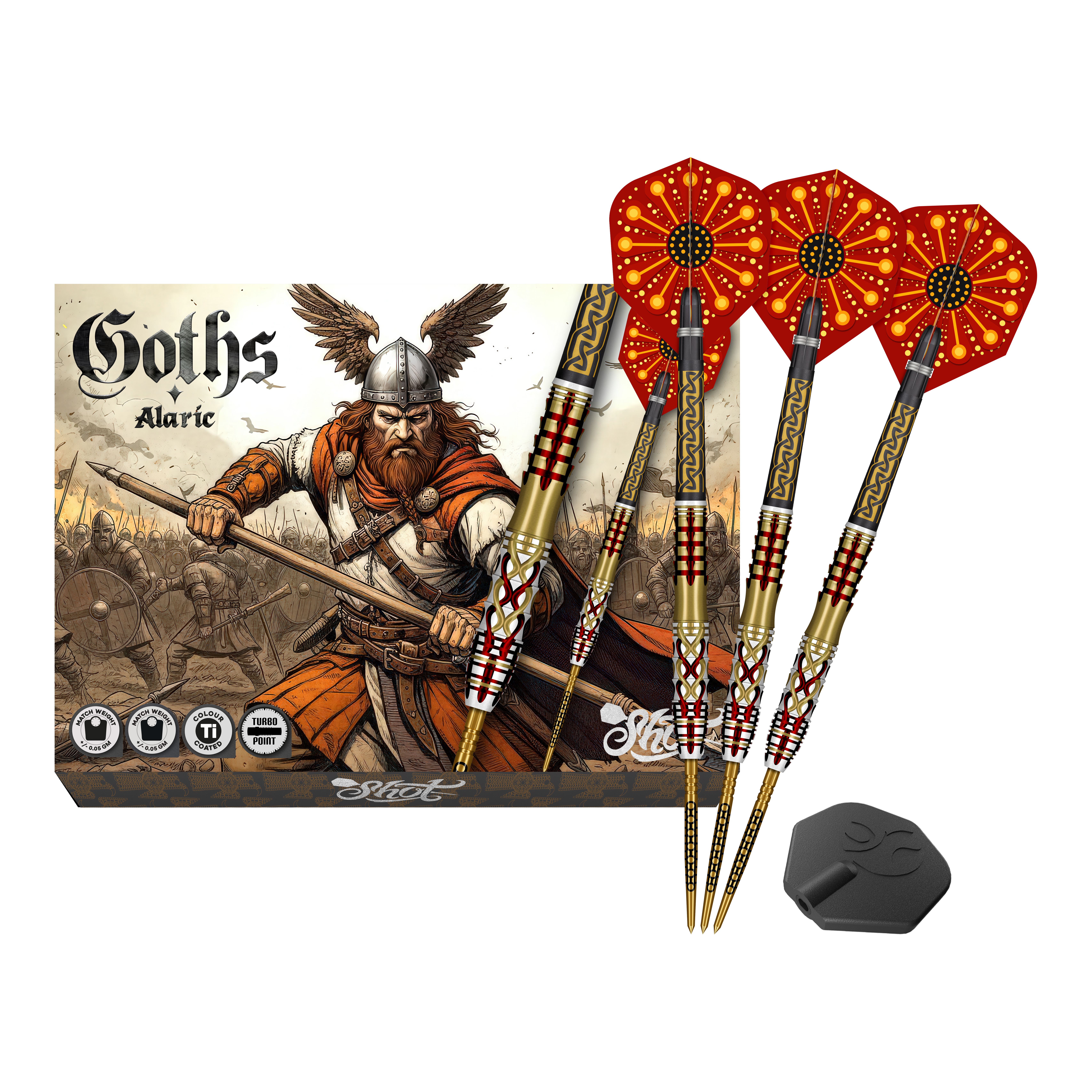 Dardos de acero Shot Goths Alaric Turbo Point - 23 g Abgebildet sind die Shot Goths Alaric Turbo Point Steeldarts - 23g. Die Darts eignen sich besonders für Steeldartspieler.