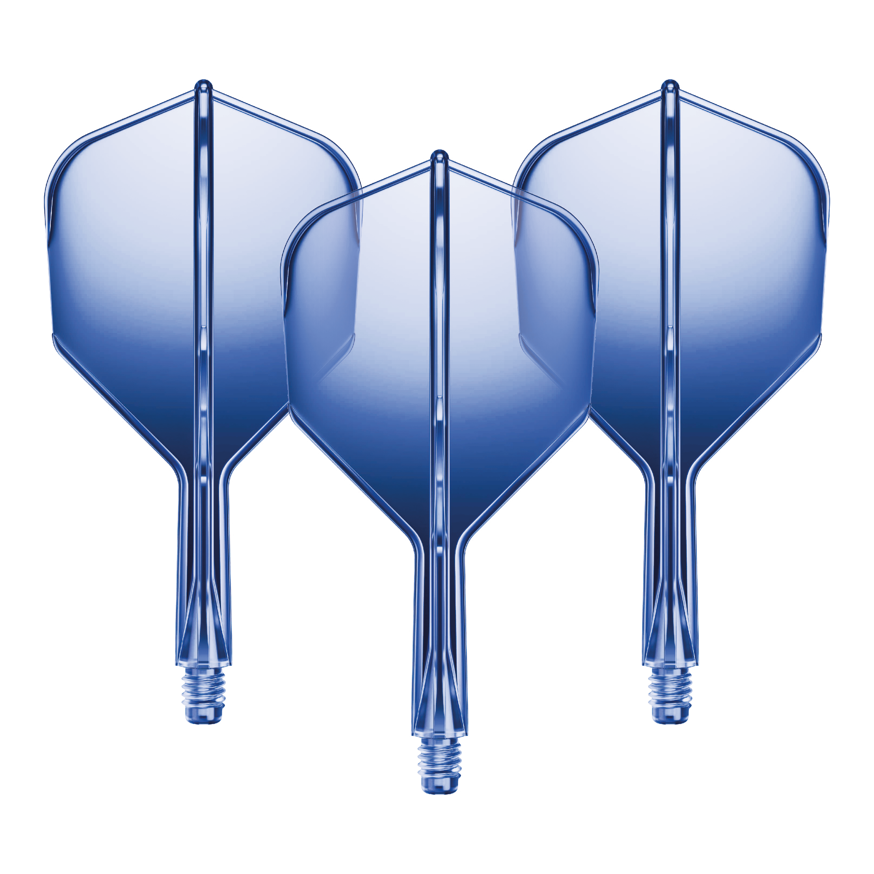 Sistema de eje de vuelo GOAT A1R No6 - Azul Auf dem Bild sind drei blaue Dartflights mit kurzen Schäften zu sehen. Sie stehen nebeneinander und haben eine glänzende Oberfläche.