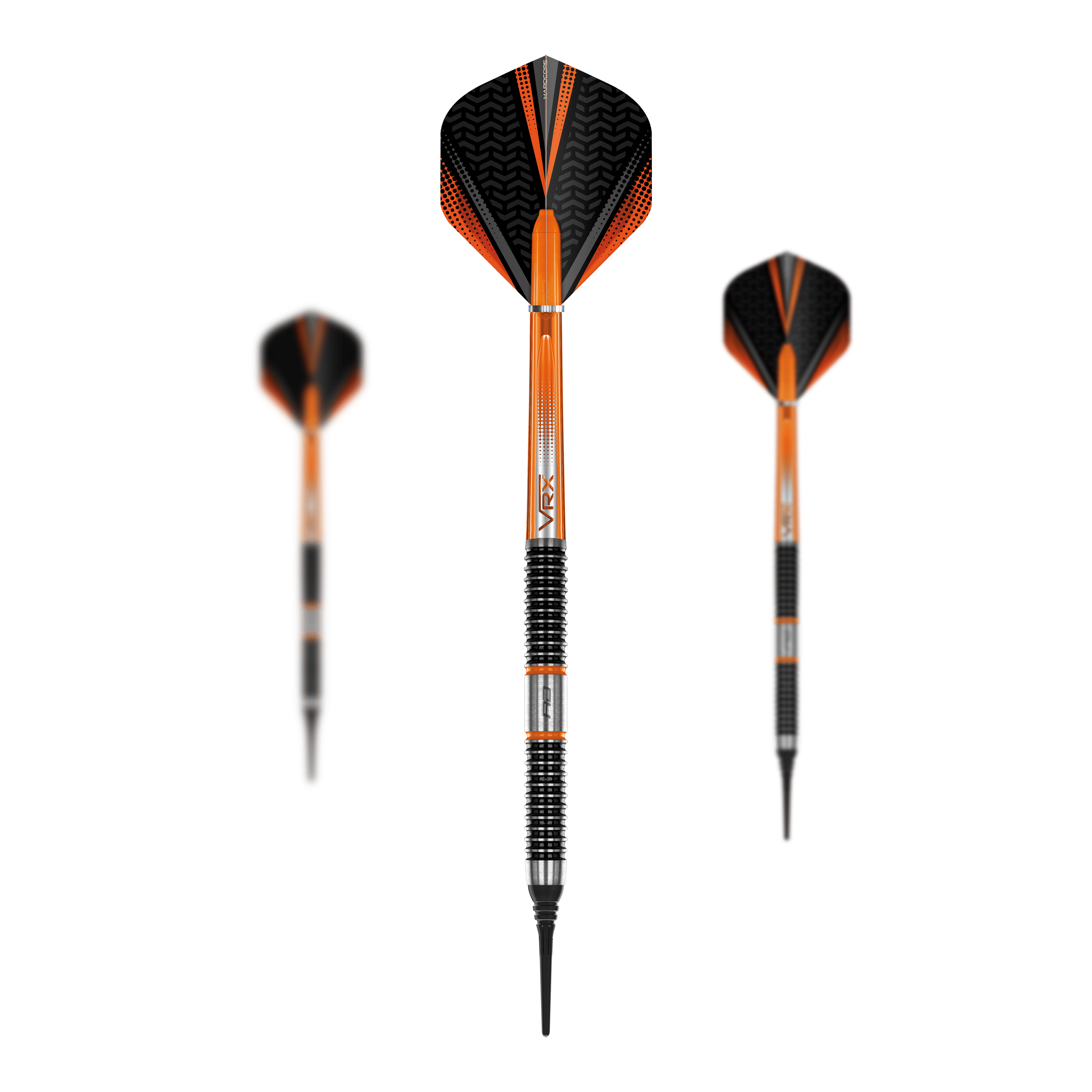 Red Dragon Amberjack 18 dardos blandos - 20 g Das Bild zeigt drei Softdarts des Modells „Red Dragon Amberjack 18 Softdarts - 20g“. Die Darts sind überwiegend orange und schwarz mit silbernen Rillen am Griff.