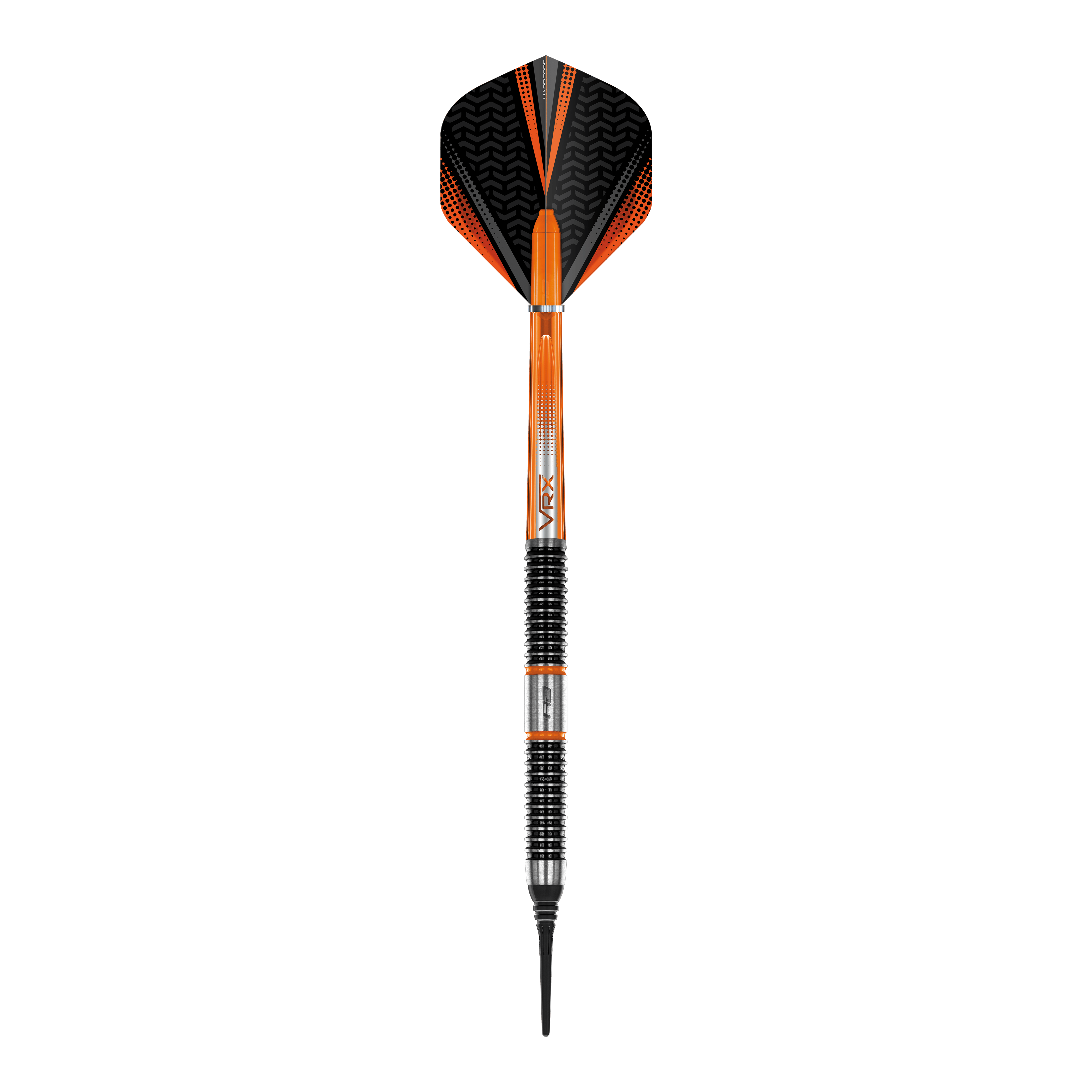 Red Dragon Amberjack 18 dardos blandos - 20 g Das Bild zeigt einen Softdart aus der Serie "Red Dragon Amberjack 18" mit einem Gewicht von 20 Gramm. Der Dart ist überwiegend schwarz und orange gefärbt und verfügt über einen geriffelten Griffbereich.