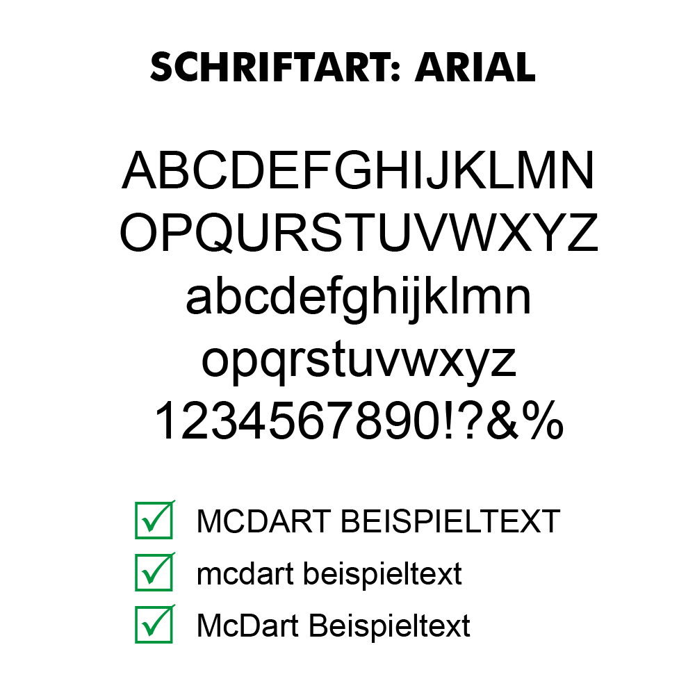 Flightdruck-Schriftart-ArialVAxAbbSrsONKb Beispiel eines Dart-Flights mit Arial-Schriftzug. Das Muster zeigt eine elegante Schriftart auf weißem Hintergrund.