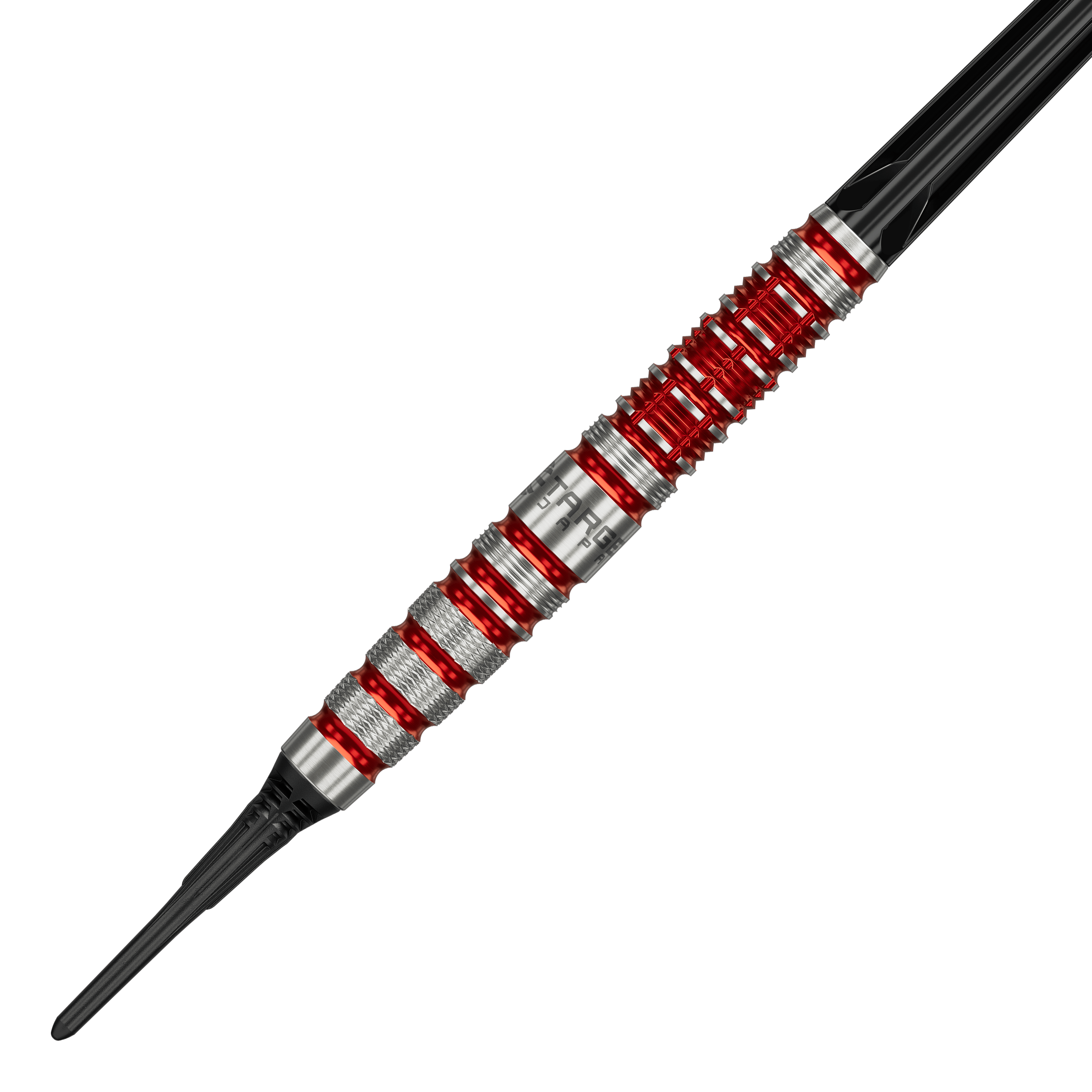 Dardos blandos Target Black Marque Spinel - 21,5 g Target Black Marque Spinel Softdarts - 21,5g ist ein hochwertiger Softdart. Das Bild zeigt das schwarze Dartpfeil-Design mit markanten Elementen.