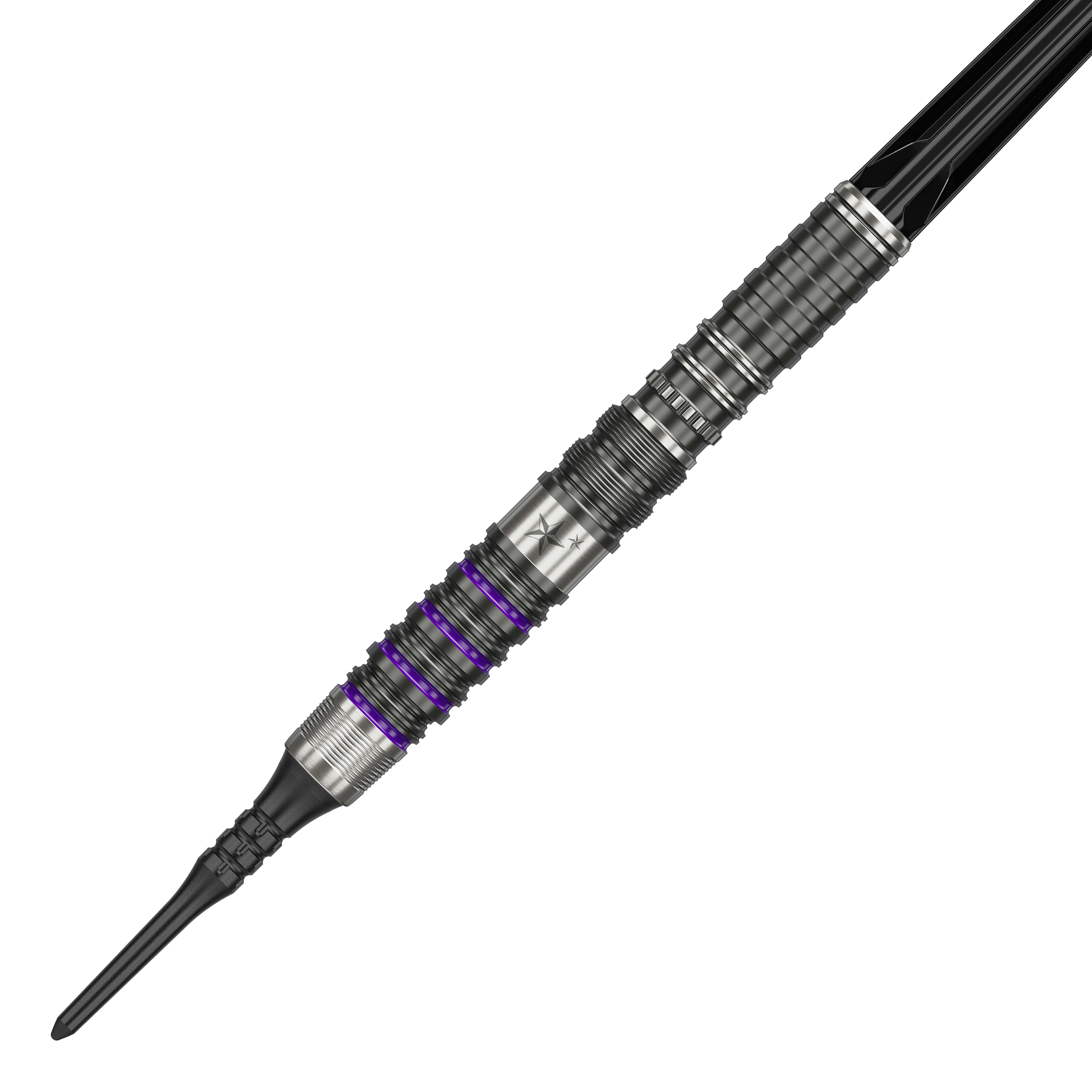 Dardos blandos Target Japan Prime Series Yuta Hayashi Sirius GEN3 MAX - 21,5 g Dies ist ein Softdart aus der Target Japan Prime Series, Modell Yuta Hayashi Sirius GEN3 MAX mit 21,5g. Er besitzt ein silbernes Design mit feinen Rillen und lilafarbenen Akzenten.