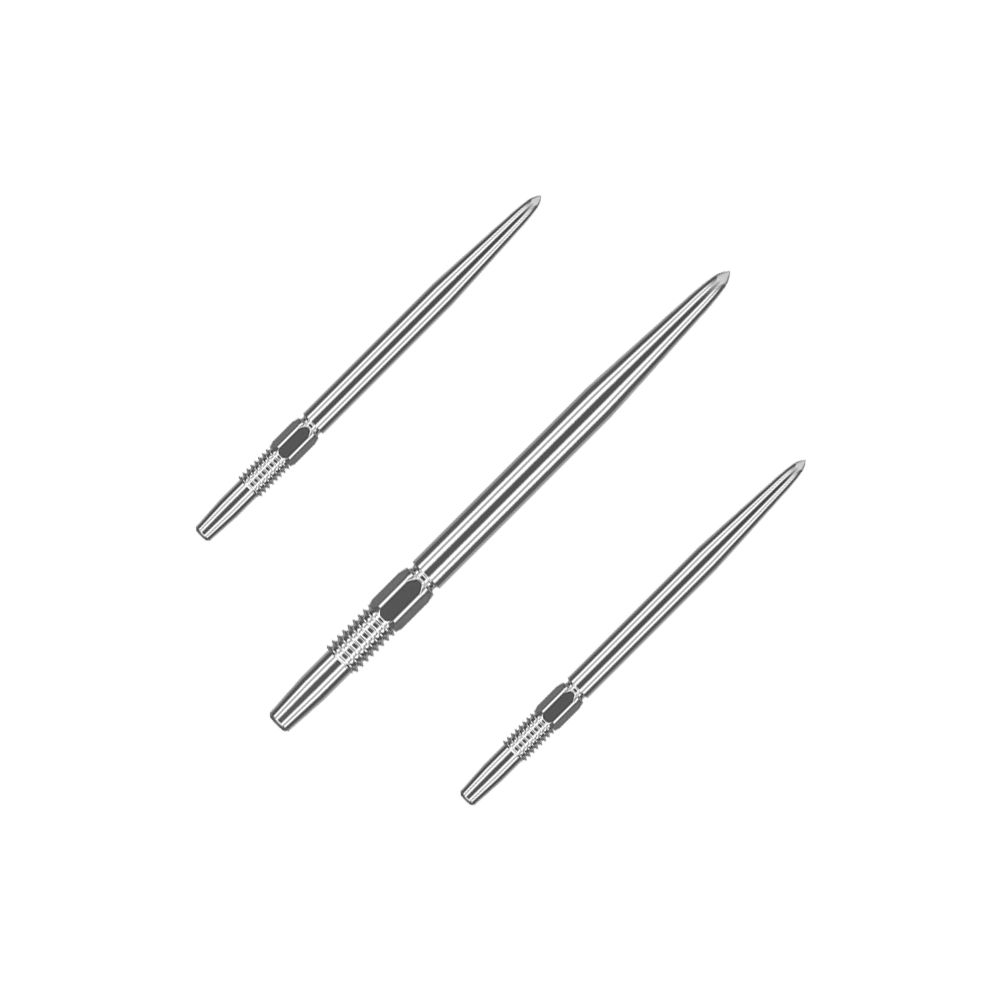 Puntas de dardos Target Swiss Point Silver Das Bild zeigt drei silberne Dartspitzen, die nebeneinander liegen. Sie sind lang und haben an einem Ende eine strukturierte Griffzone.
