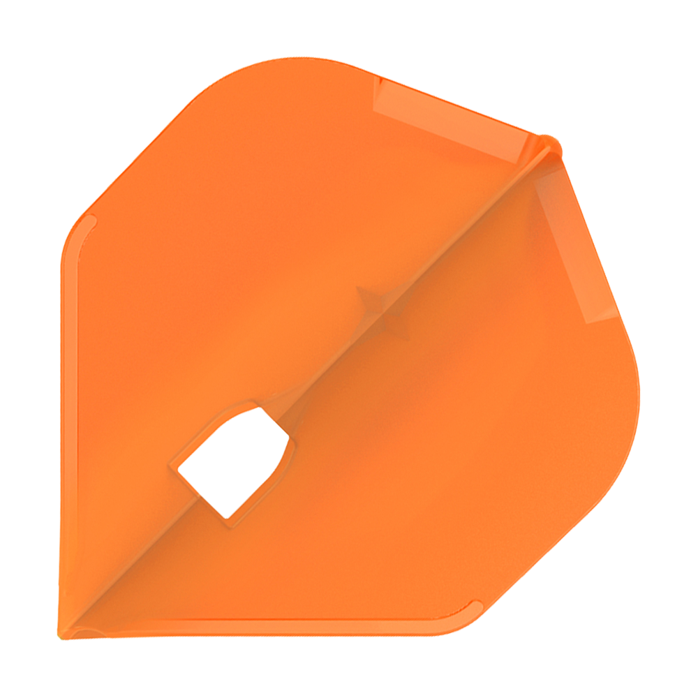 Plumas Estilo L Champán - Estándar L1PRO Das Bild zeigt ein orangefarbenes Dartflight in einer standardisierten Form. In der Mitte befindet sich ein quadratisches Loch für die Befestigung am Dart-Schaft.