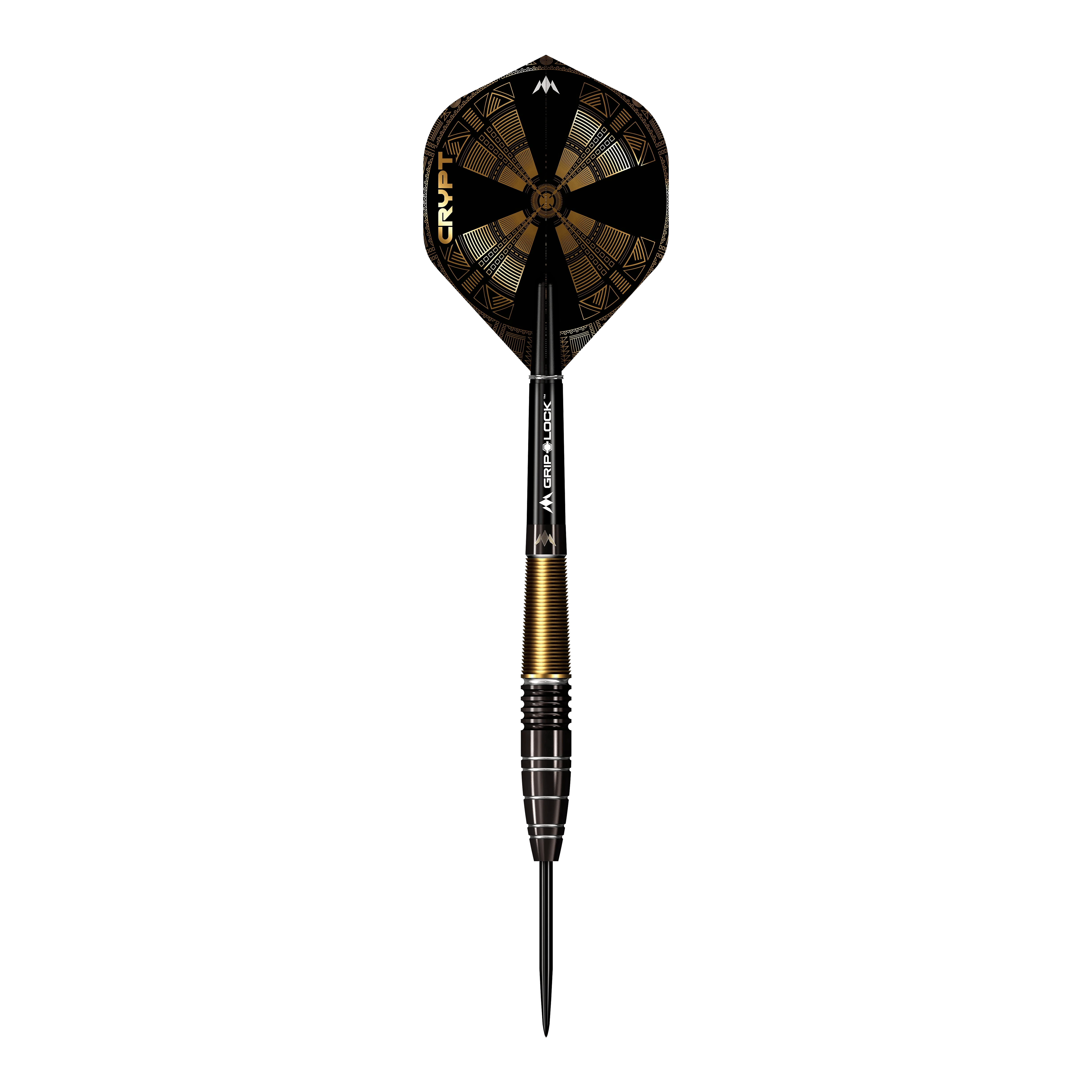 Dardos de acero Mission Crypt Modelo 1 - 22 g Das Bild zeigt einen Mission Crypt Model 1 Steeldart mit einem Gewicht von 22g. Der Dart ist schwarz-gold gefärbt und hat ein geometrisches Design auf dem Flight.