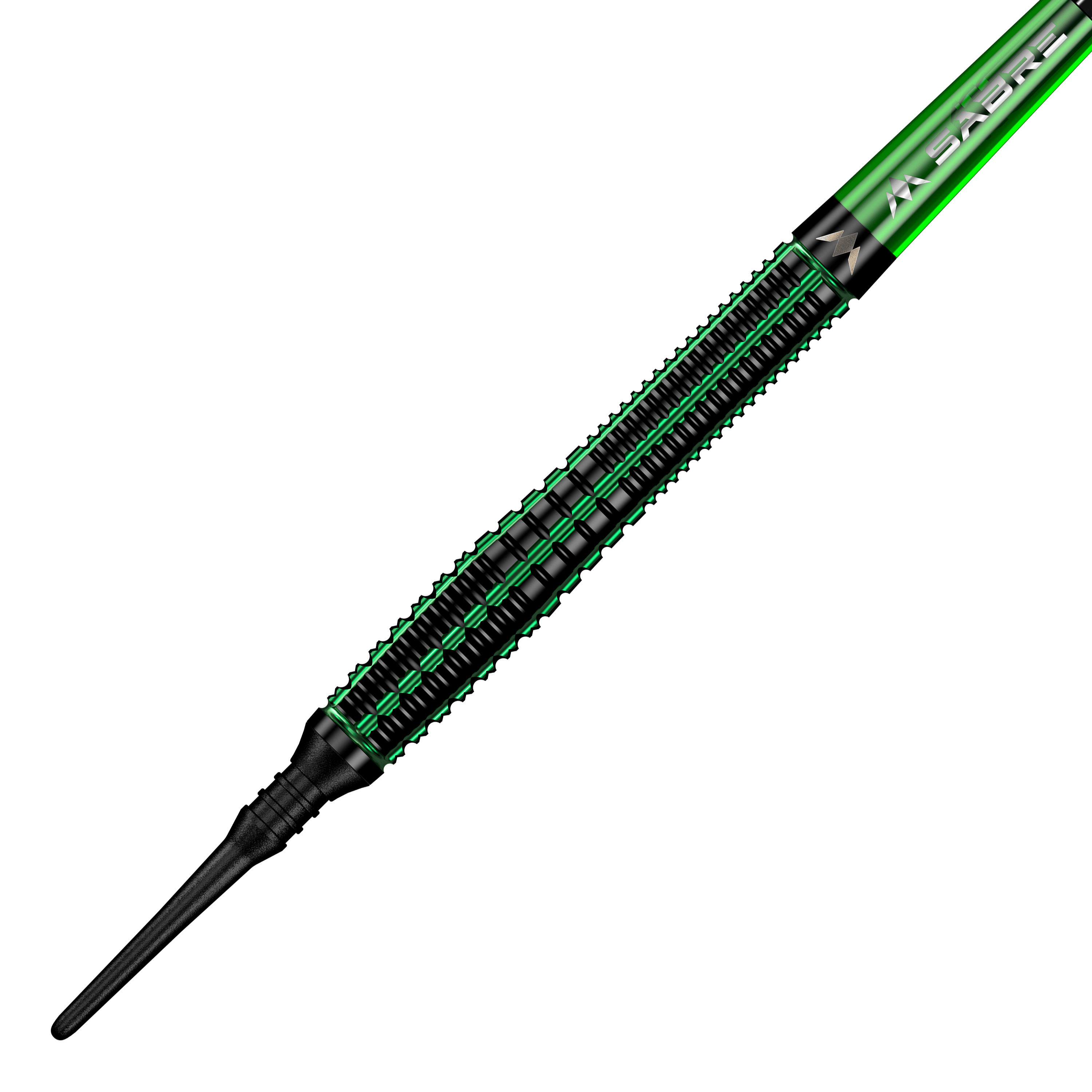 Dardos blandos Mission Venom - 20 g Das Bild zeigt einen Mission Venom Softdart mit einem Gewicht von 20 Gramm. Der Dart ist überwiegend schwarz mit grünen Akzenten und einem schlanken Design.