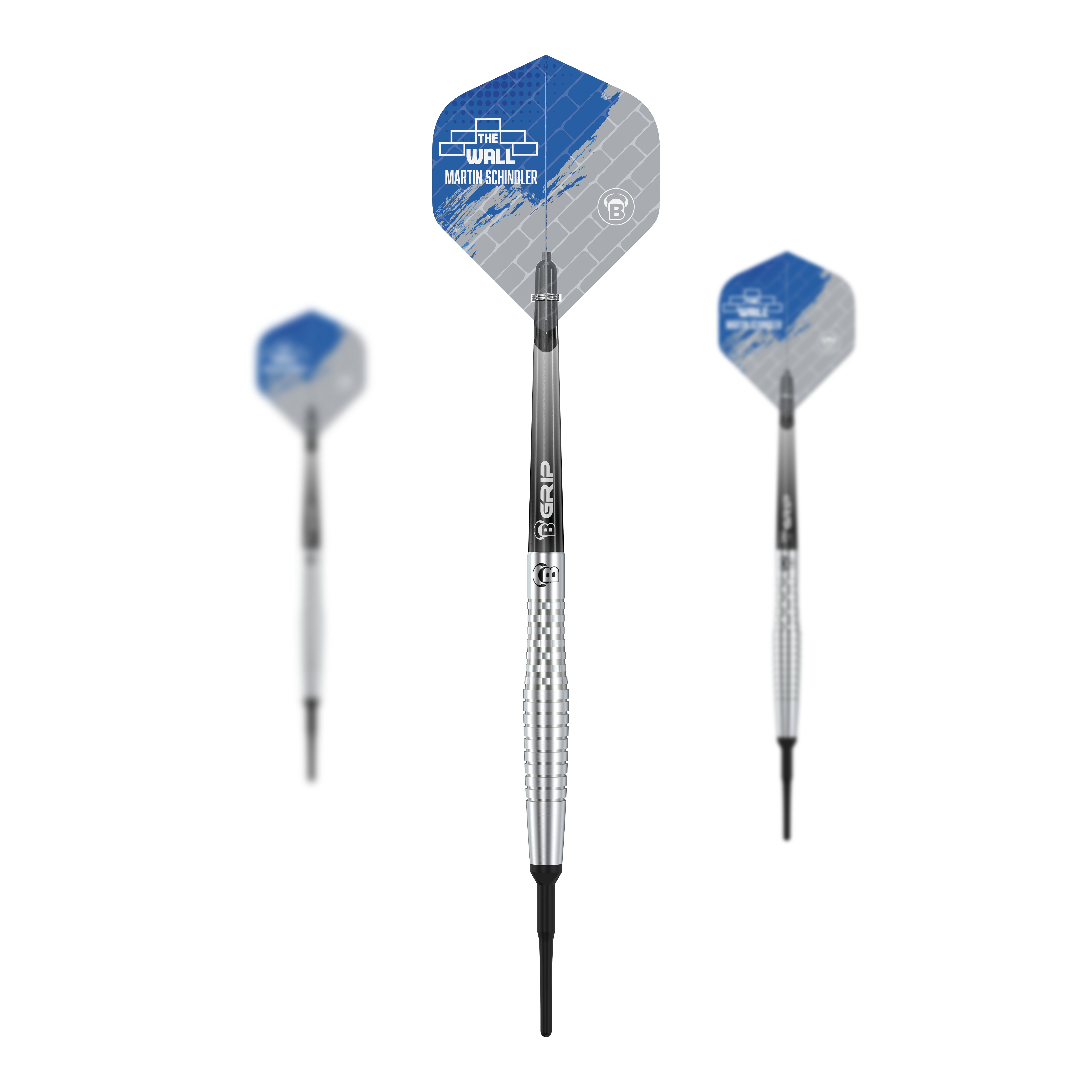 Dardos blandos Bulls Martin Schindler Original Generation 2 Das Bild zeigt drei Softdarts aus der Serie "Bulls Martin Schindler Original Generation 2". Die Darts haben silberne, gerillte Barrels und Flights mit blau-grauem Design.