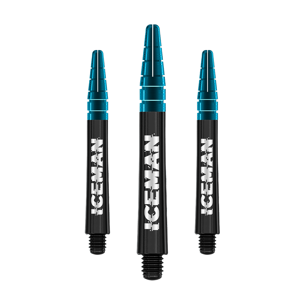 C637_Red_Dragon_Nitrotech_Gerwyn_Price_Shafts_Black_42mm_1PcoNaicoTSjNi Das Bild zeigt drei schwarze Red Dragon Nitrotech Gerwyn Price Dartshafts mit blauem oberen Ende. Auf jedem Shaft steht das Wort "ICEMAN" in großen, weißen Buchstaben.