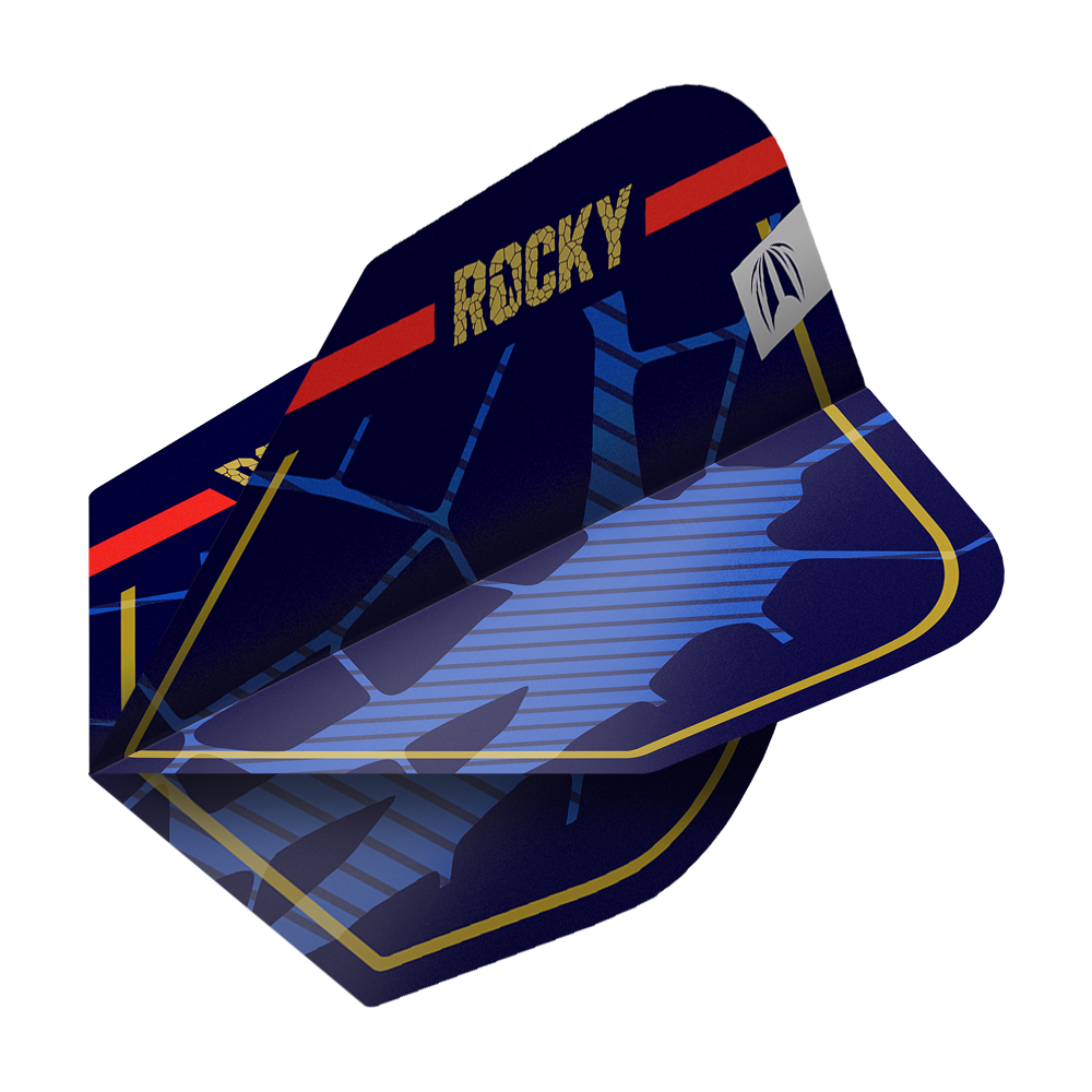 Vuelos Target Pro Ultra Josh Rock GEN1 No6 - 3 juegos Das Bild zeigt das Produkt "Target Pro Ultra Josh Rock GEN1 No6 Flights - 3 Sets". Die Dartflights sind dunkelblau mit goldener Umrandung, rotem Streifen und der Aufschrift "ROCKY".