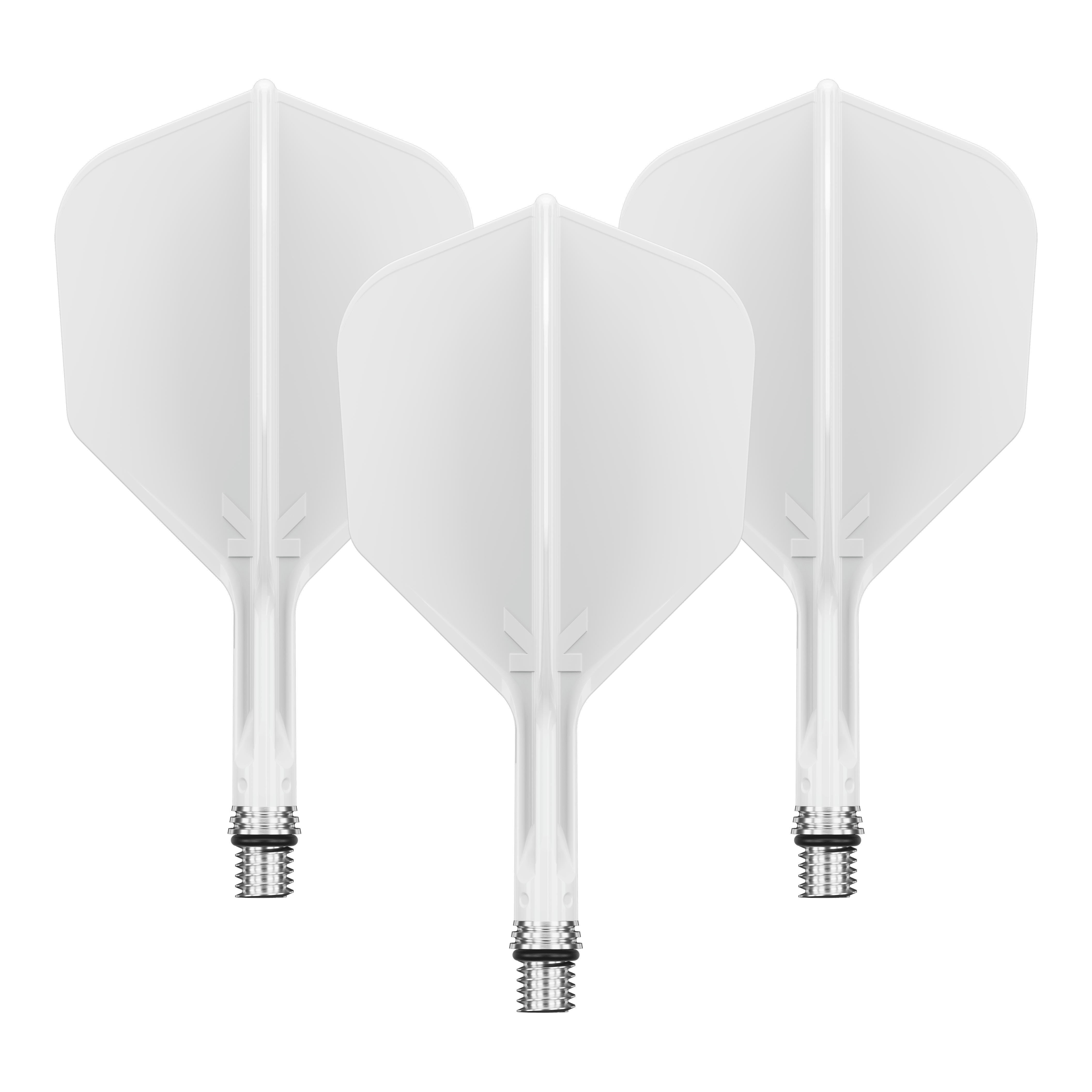 Plumas Target K-Shift No6 - Blancas Zu sehen ist ein Flight-Set namens 410540_Target_KShift_No6_Flights_Wei_19mm_1Set. Mehrere weiße Flights sind gemeinsam präsentiert.
