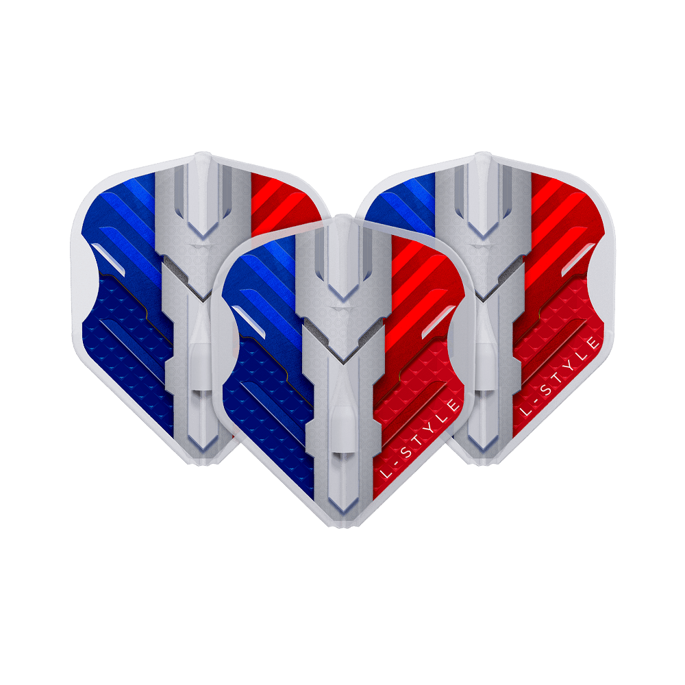 Vuelos L-Style V-Series V1 Tipo B Francia Blanco transparente L1EZ Das Bild zeigt drei Dartflights in den Farben Blau, Weiß und Rot, die die französische Flagge darstellen. Auf den Flights steht der Markenname "L-Style" und sie haben ein modernes, technisches Design.