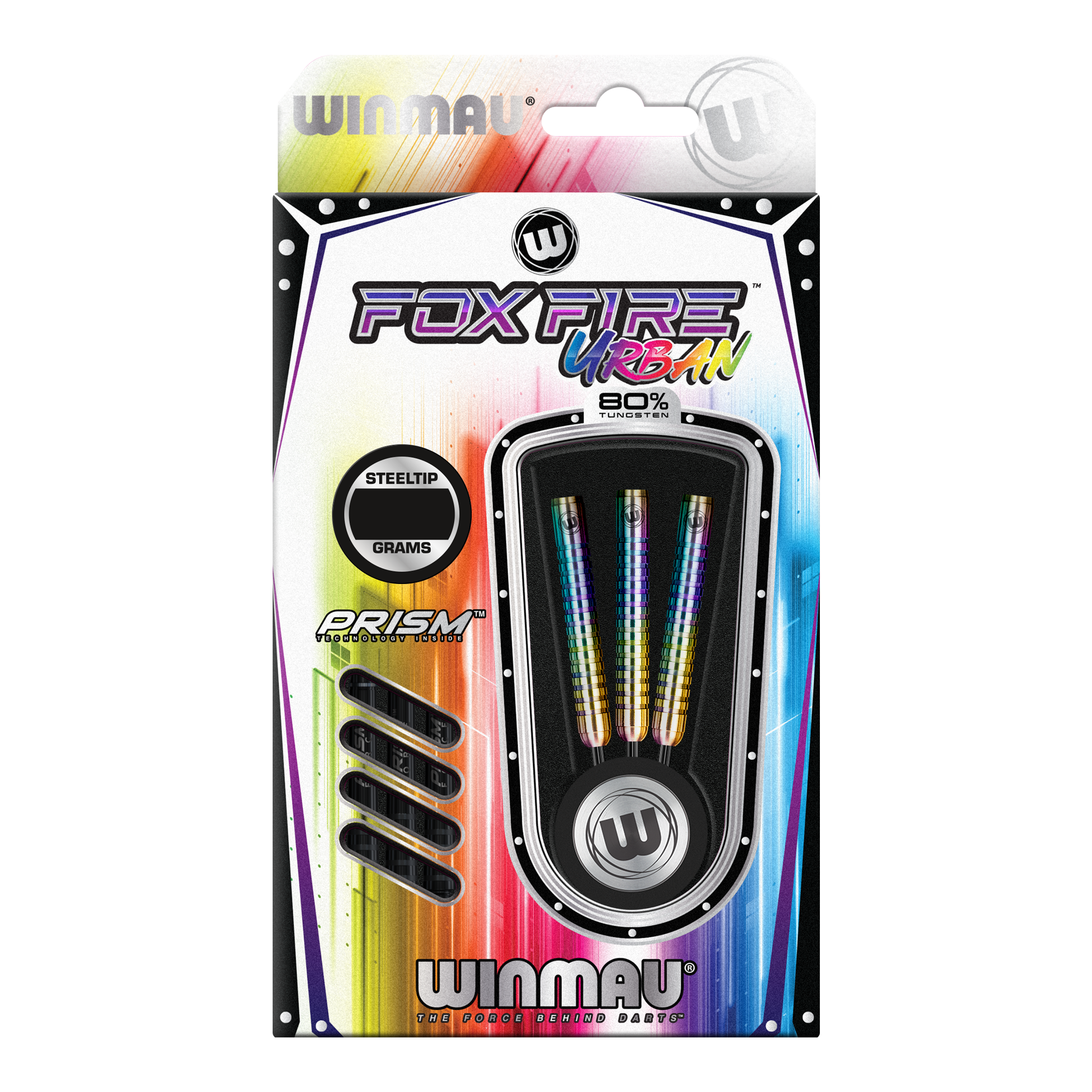 Dardos de acero Winmau Foxfire Urban Das Bild zeigt die Verpackung der "Winmau Foxfire Urban Steeldarts". Die Darts haben ein buntes Design und bestehen zu 80 % aus Wolfram.