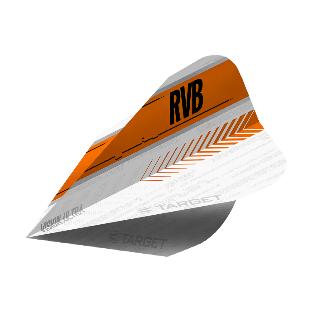 TG59_332040_Target_Vision_Ultra_RvB_Orange_Vapor_Flights_2 Das Bild zeigt ein Dart-Flight mit dem Namen "Target Vision Ultra RvB Orange Vapor Flights". Das Flight ist hauptsächlich weiß und orange, mit schwarzen Buchstaben "RVB" und dekorativen Mustern.
