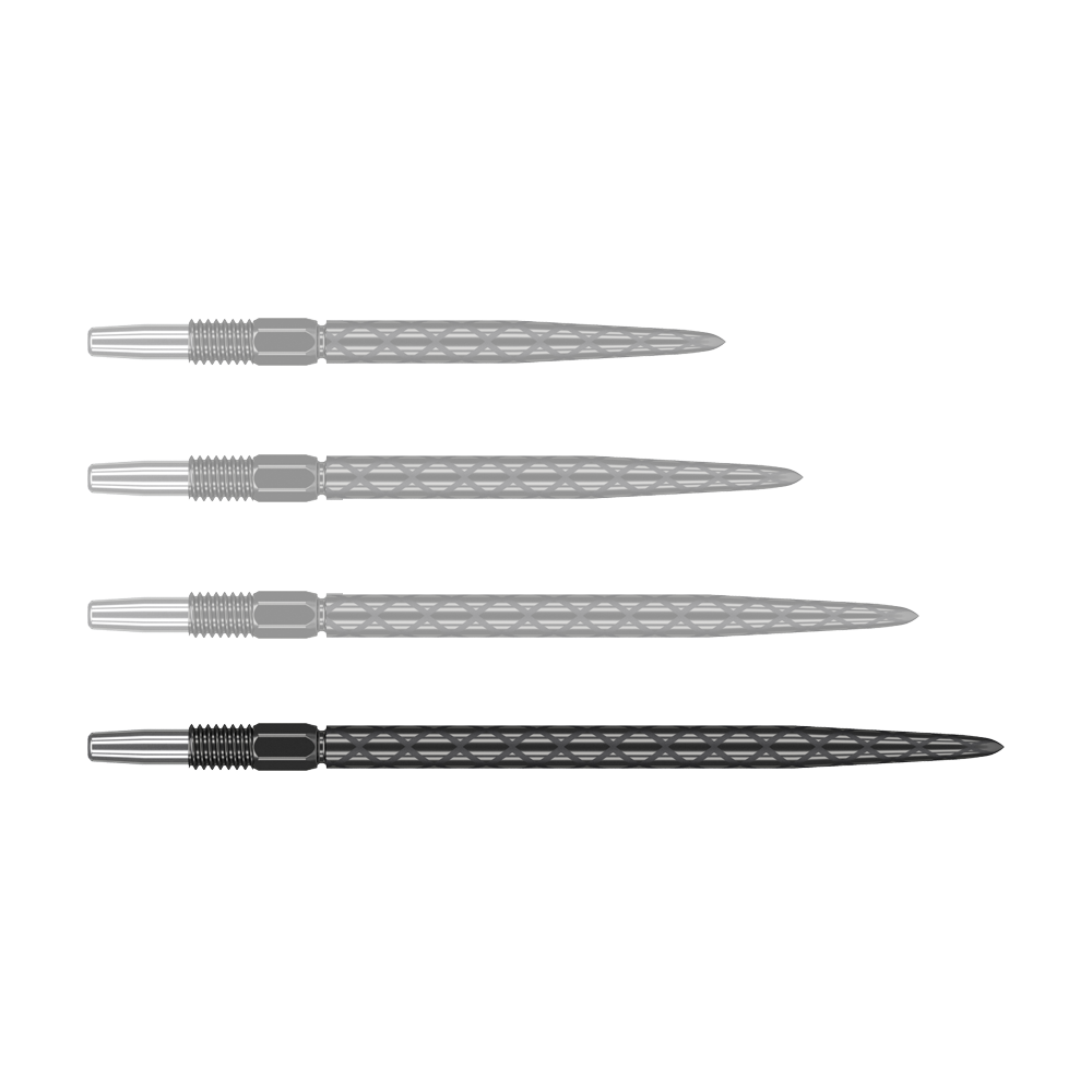 Puntas de dardos Target Swiss Diamond Pro Black Points Auf dem Bild sind vier schwarze Dartspitzen mit einem diamantförmigen Muster zu sehen. Sie sind in einer waagerechten Reihe angeordnet.
