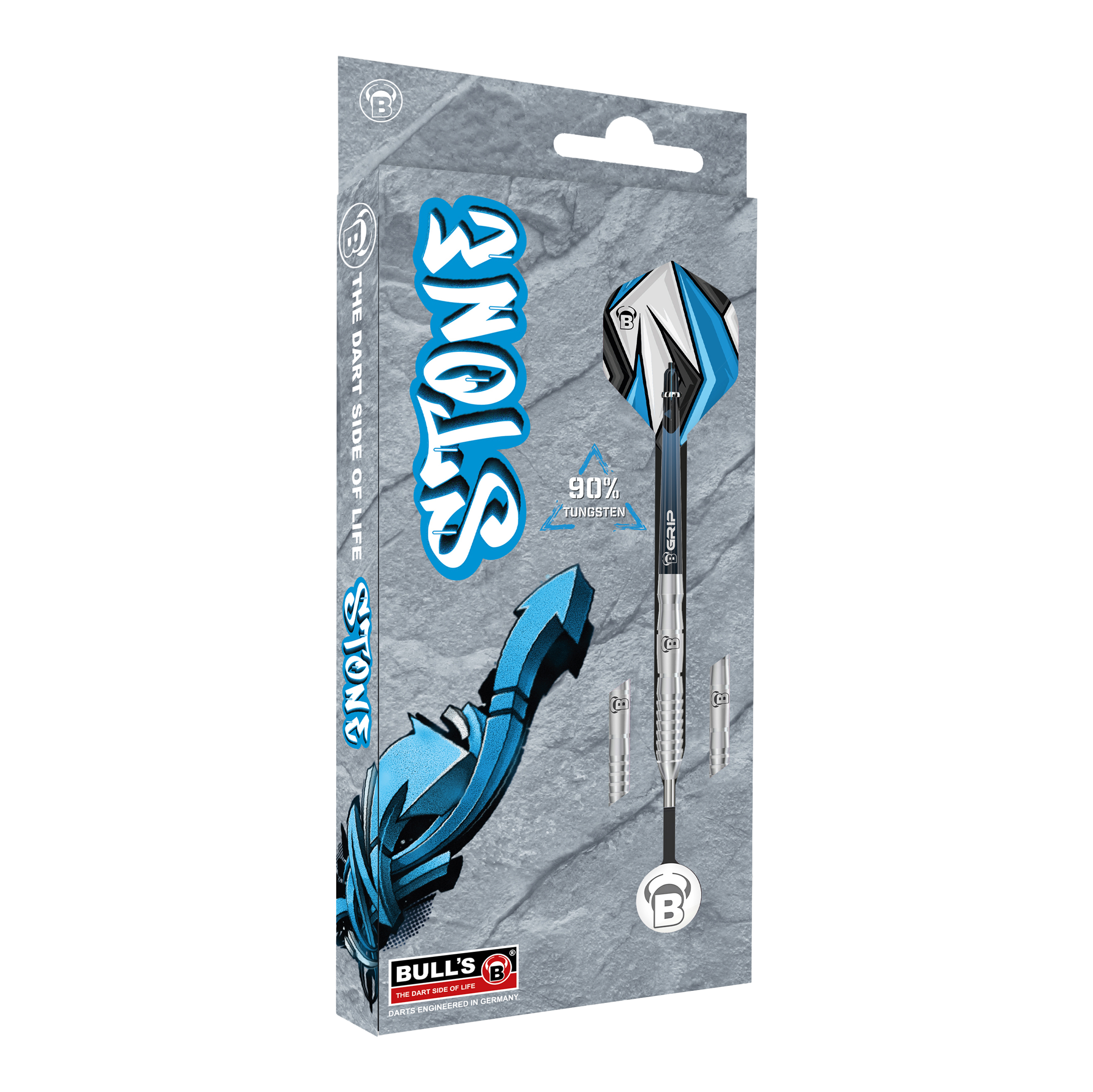 Dardos de acero Bulls Stone S2 Die Abbildung zeigt die Verpackung der "Bulls Stone S2 Steeldarts". Die Darts bestehen zu 90% aus Tungsten und sind im Design grau und blau gehalten.