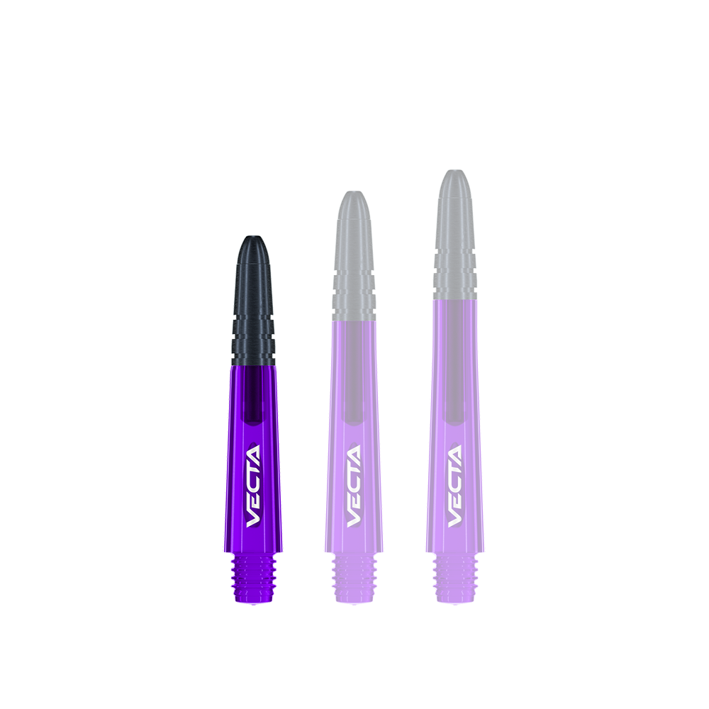 Flechas Winmau Vecta - Morado Negro Das Bild zeigt drei lilafarbene Dartschäfte mit schwarzen Spitzen. Auf jedem Schaft steht das Wort "VECTA" in weißer Schrift.