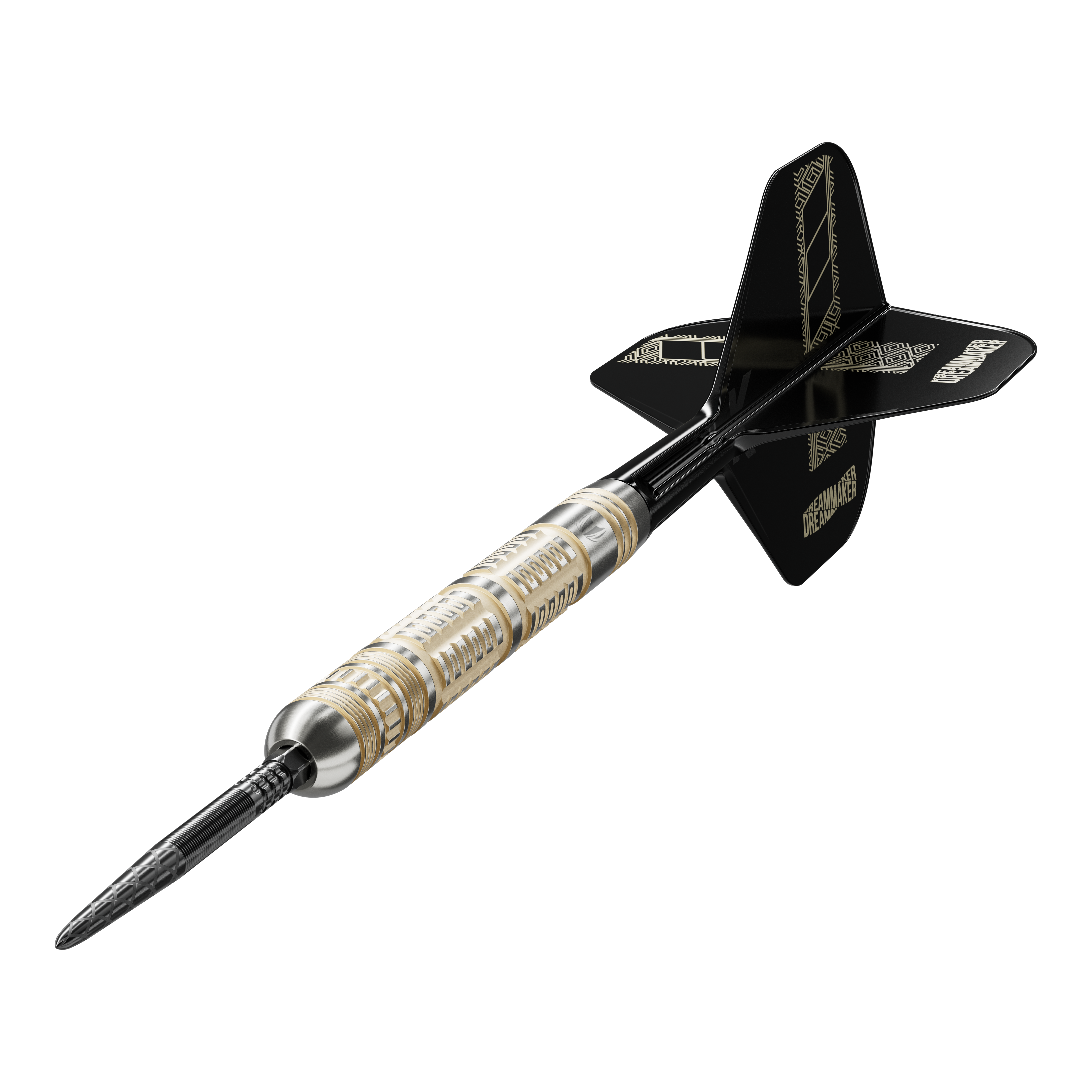 Das Bild zeigt die Target Dimitri Van Den Bergh 95K Swiss Point Steeldarts. Hier sieht man Form und Details der Steeldarts.