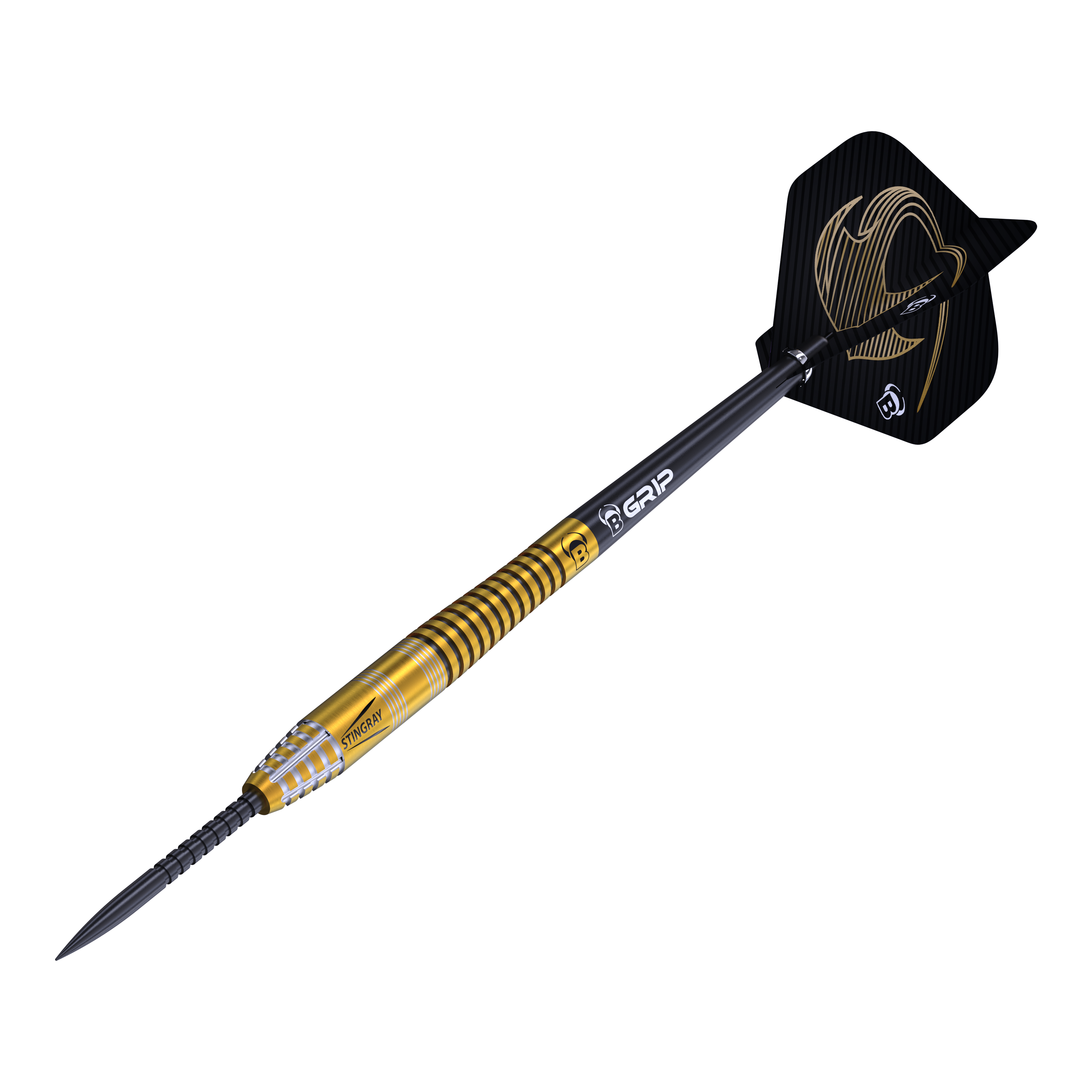 Dardos de acero Bulls Stingray ST3 Das Bild zeigt einen Steeldart aus der Bulls Stingray ST3 Serie. Der Dart hat einen goldfarbenen Schaft mit schwarzen Ringen und eine schwarze Flügelspitze mit goldener Verzierung.