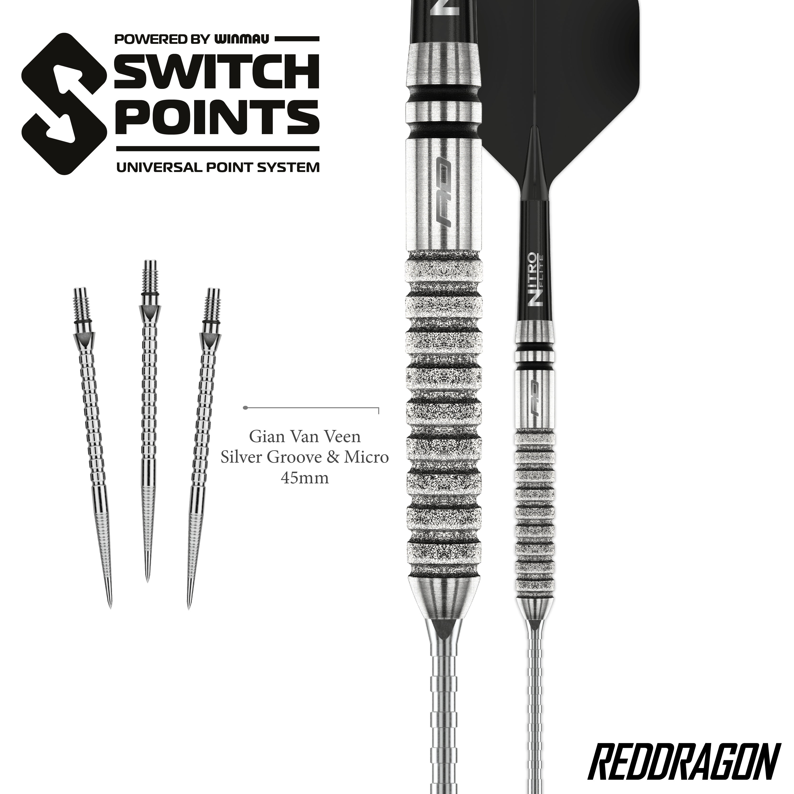 Dardos de acero Red Dragon Gian Van Veen Tour Edition Switch Point - 21 g Gezeigt werden die Red Dragon Gian Van Veen Tour Edition Switch Point Steeldarts - 21g aus einer anderen Perspektive. Das Design ist sportlich und funktional.