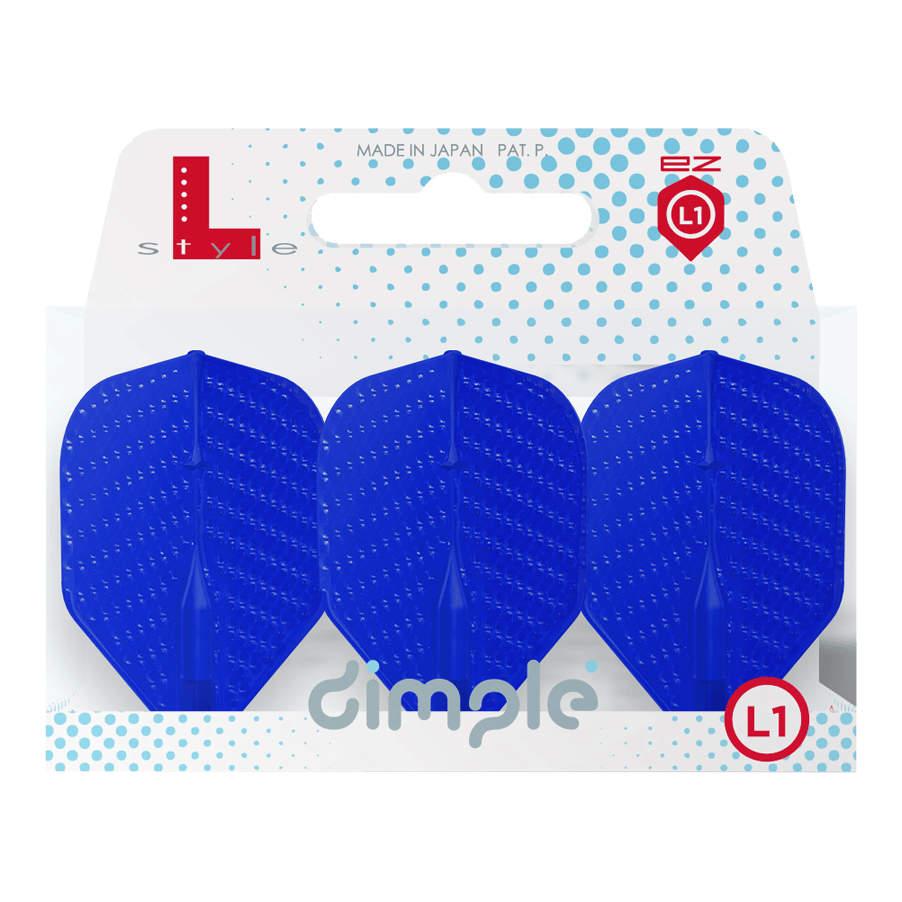 Vuelos estilo L con hoyuelos color champán L1EZ estándar Auf dem Bild sind drei blaue Dart-Flights in einer Verpackung zu sehen. Die Verpackung trägt die Aufschrift "dimple" und das Logo "L-style".