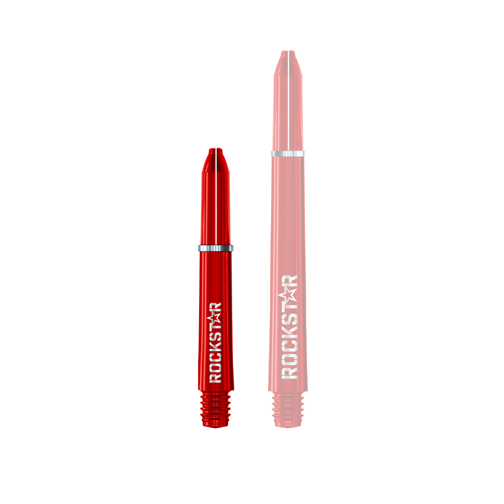 Varillas de nailon Winmau Joe Cullen Rockstar Das Bild zeigt zwei rote Dartschäfte in unterschiedlichen Längen. Auf beiden Schäften steht das Wort "ROCKSTAR" in weißer Schrift.